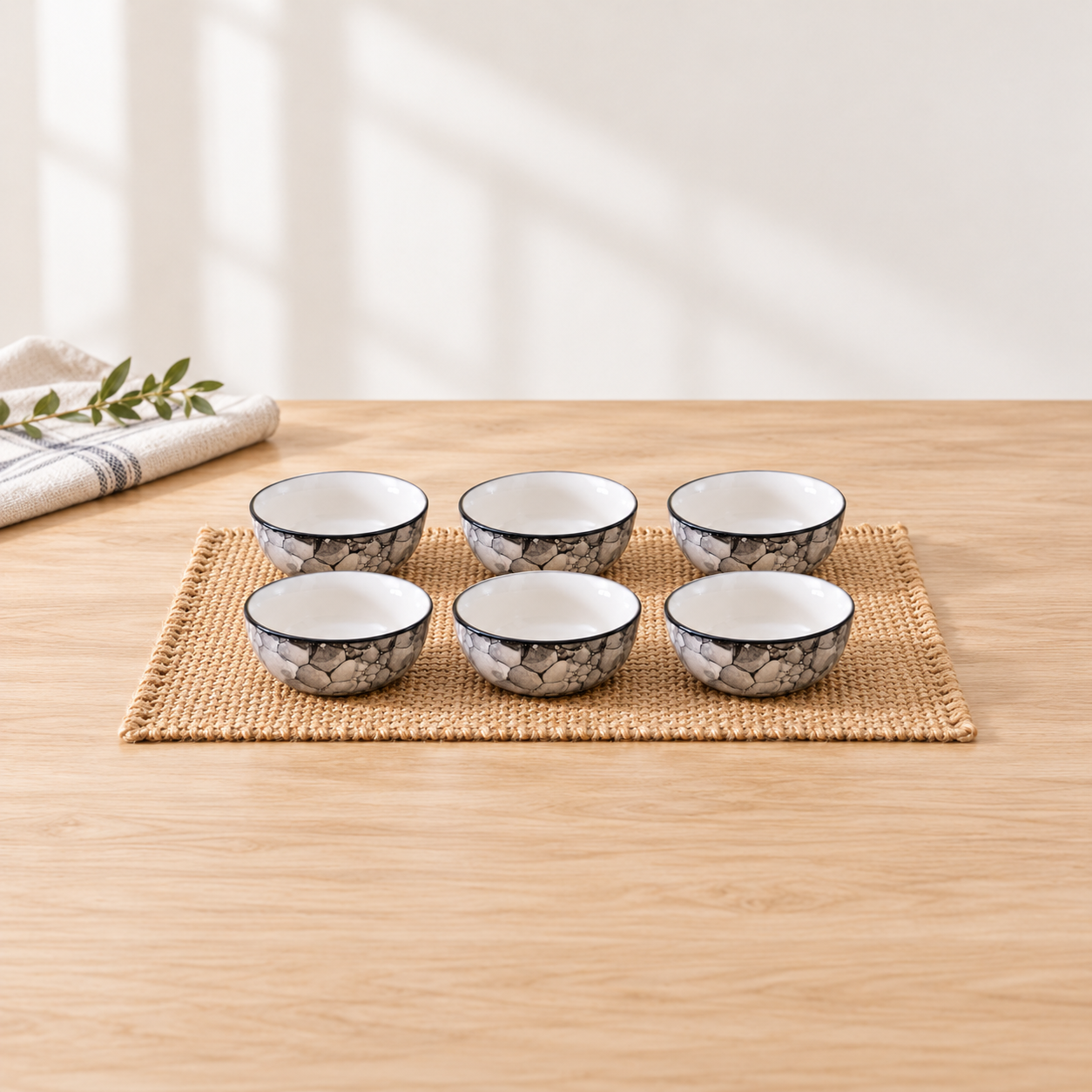 Kunhar Ceramic Hand Painted Dessert Bowl - 200 Ml, 6 Pieces, Black Luster