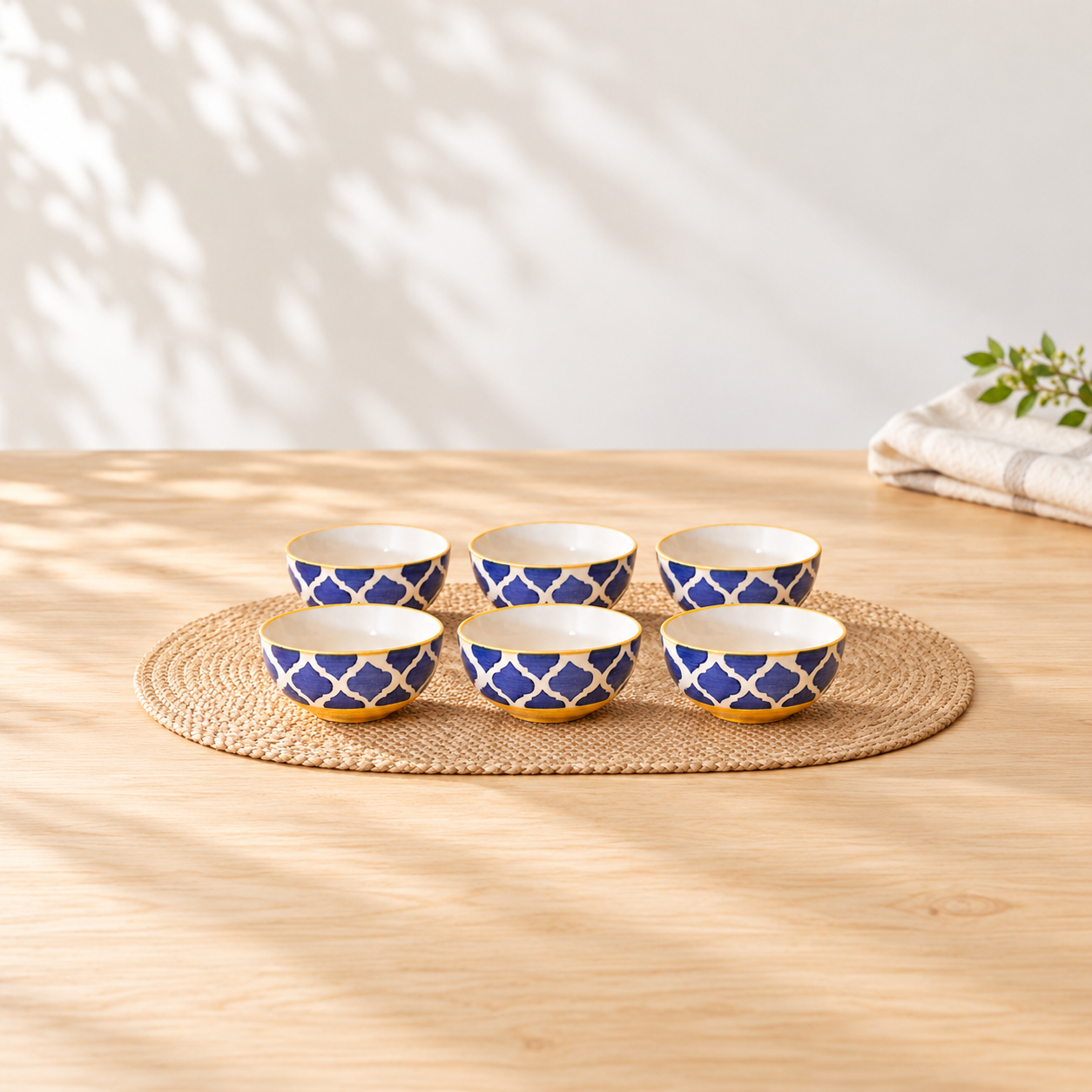 Kunhar Ceramic Hand Painted Dessert Bowls - 200 Ml, 6 Pieces, Yellow Blue
