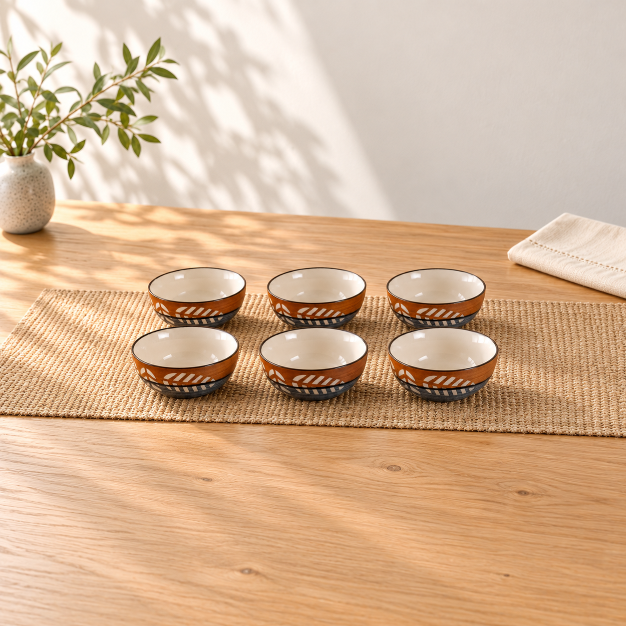Kunhar Ceramic Hand Painted Dessert Bowls - 200 Ml, 6 Pieces, Brown Grey
