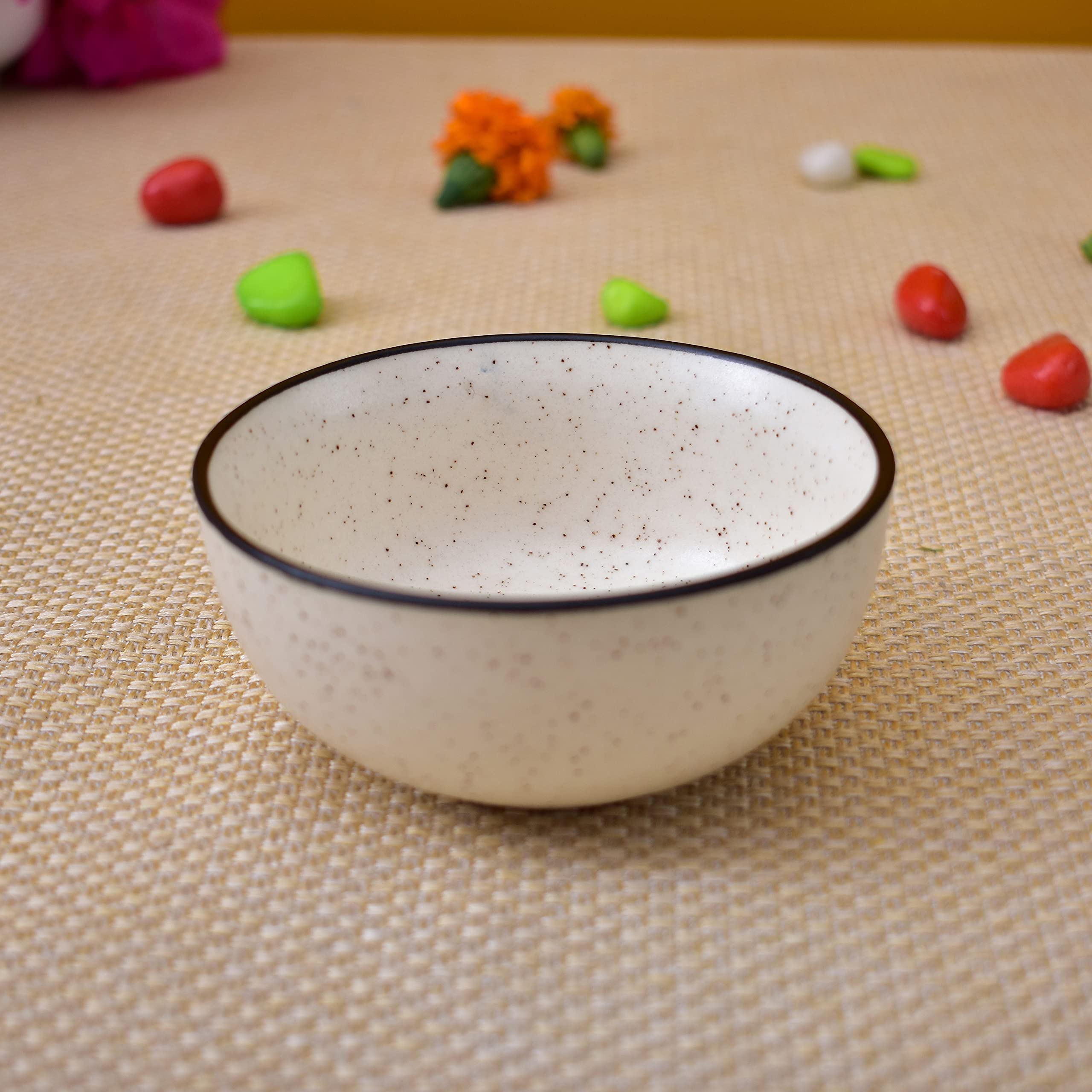 Kunhar Ceramic Matt Finish Dessert Bowl - 200 Ml, 6 Pieces, White with Black Border
