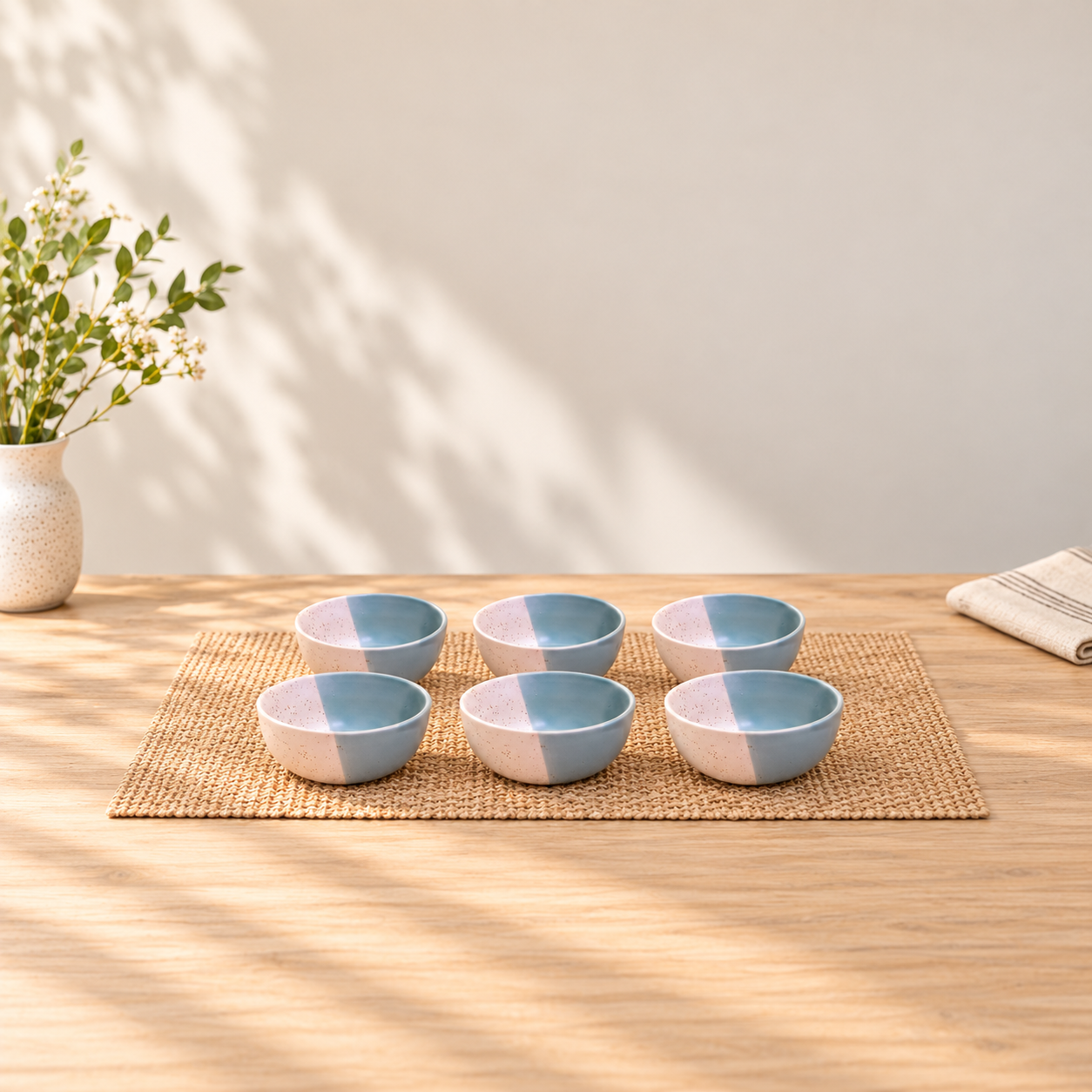 Kunhar Ceramic Dessert Bowls - 200 ML, 6 Pieces, White Dusty Blue