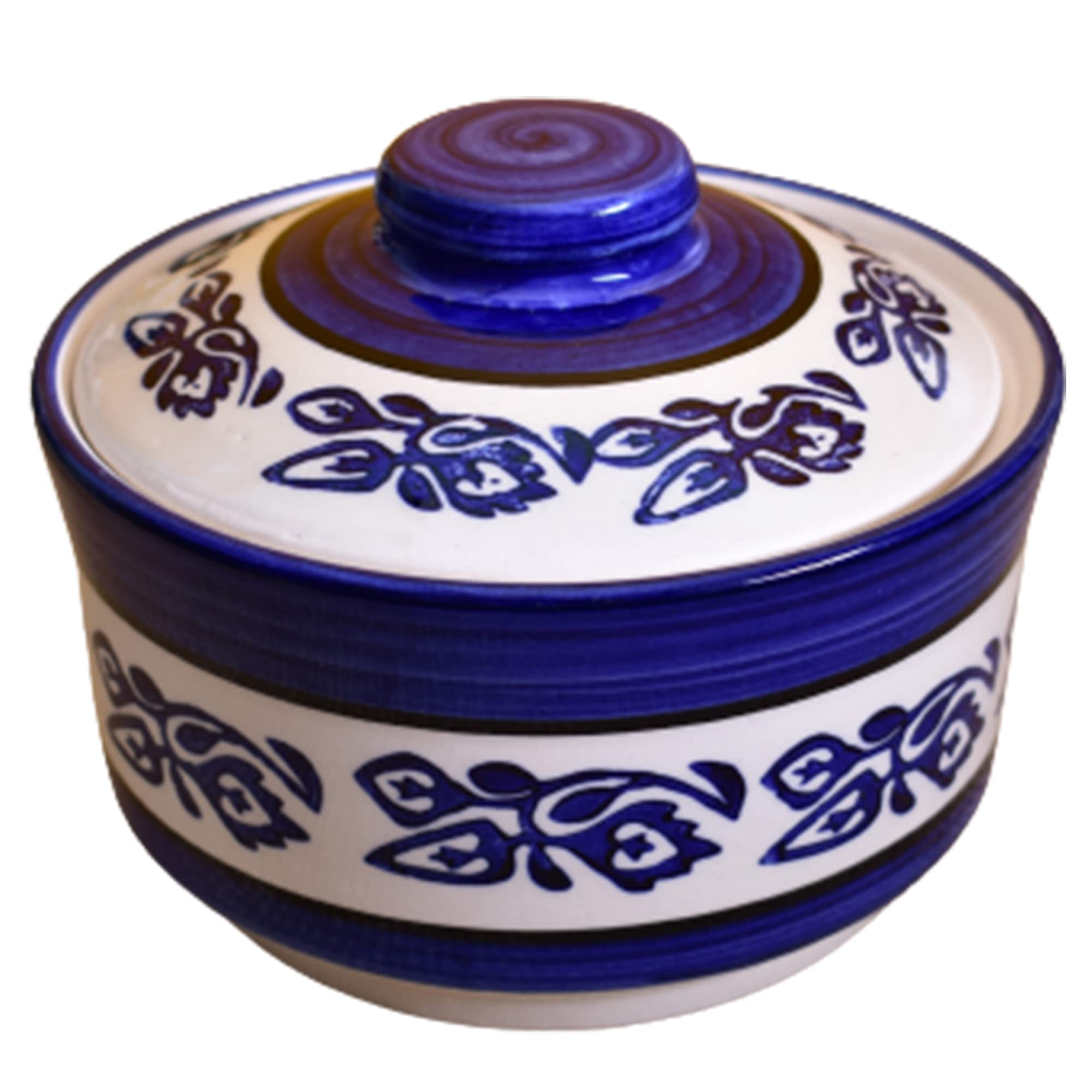 Kunhar Ceramic Donga with Lid, Ceramic Serving Donga, 1000 Ml, 1 Piece, Blue Vine