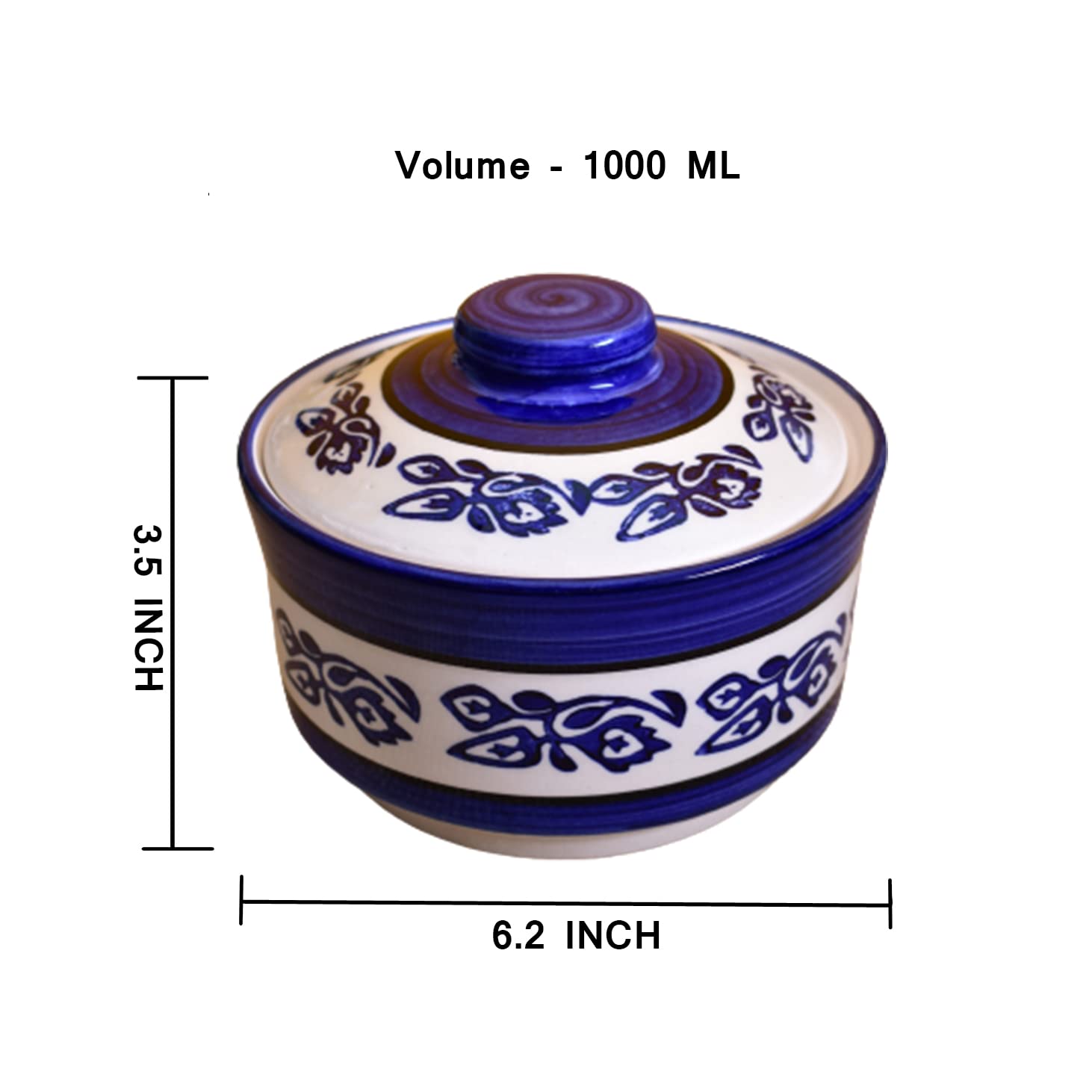 Kunhar Ceramic Donga with Lid, Ceramic Serving Donga, 1000 Ml, 1 Piece, Blue Vine — product view 2