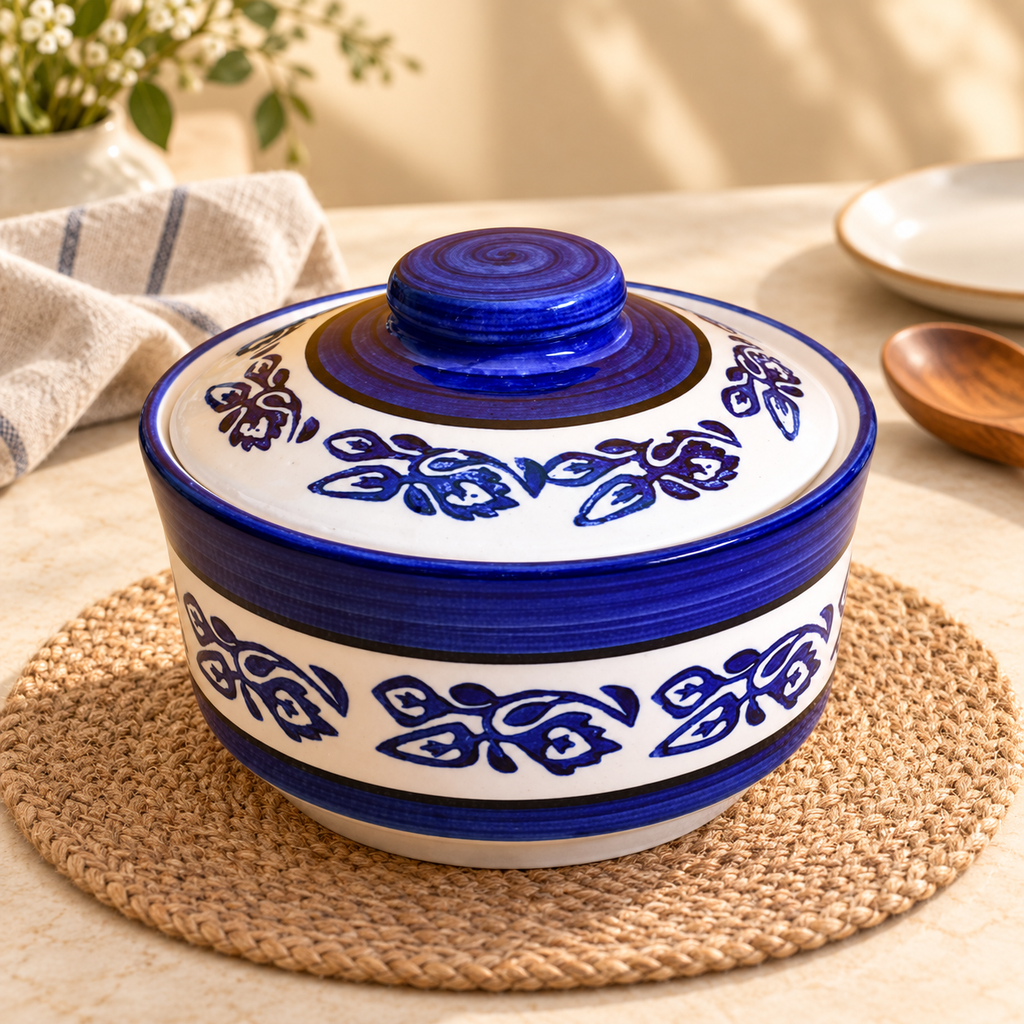 KunhaR Ceramic Serving Donga with Lid, 1000 ml, 1 Piece, Blue Vine