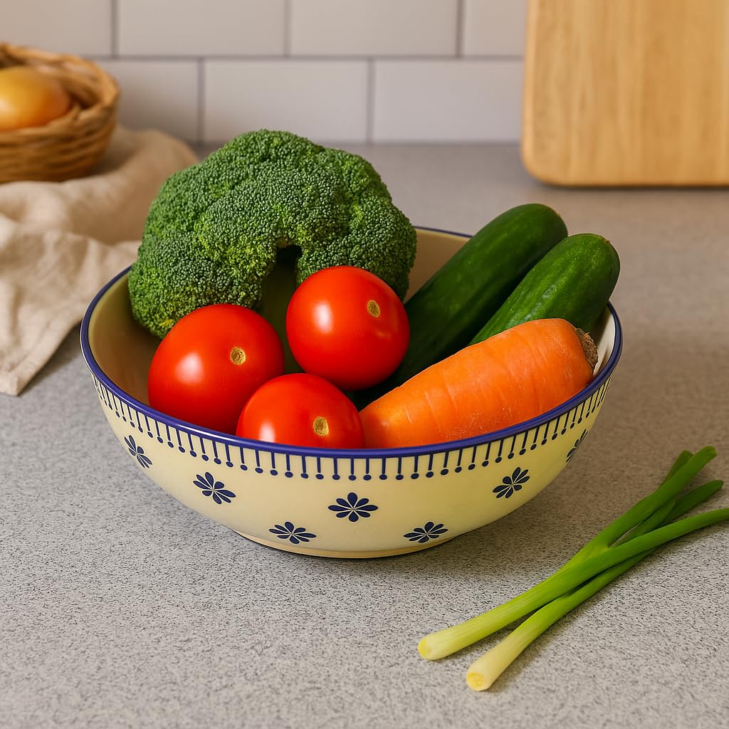 Kunhar Ceramic Serving Bowl, Fruit Bowl for Dinning Table (White Blue Flower, 2 Liter) - 1 Piece - Image 2
