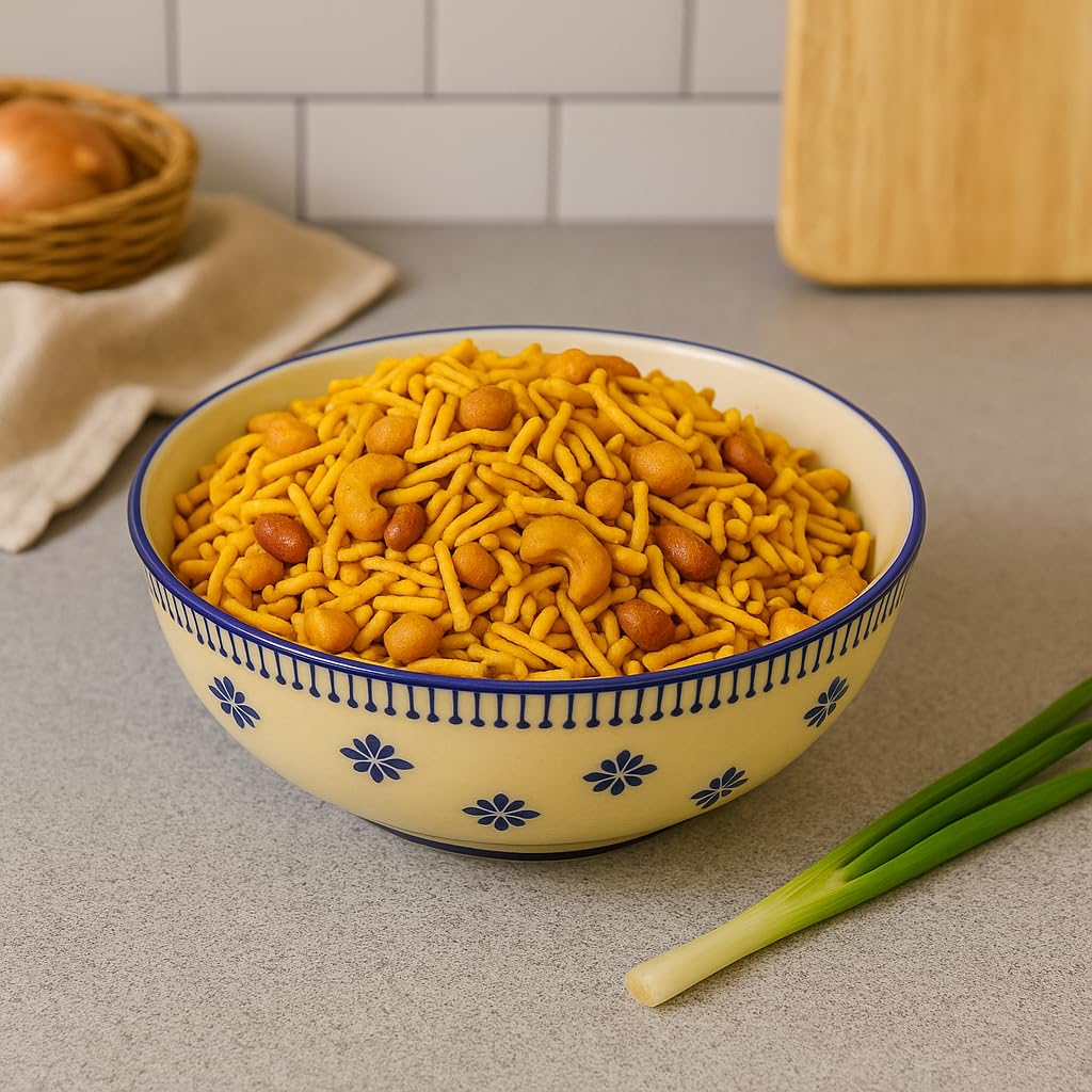 Kunhar Ceramic Serving Bowl, Fruit Bowl for Dinning Table (White Blue Flower, 2 Liter) - 1 Piece - Image 3