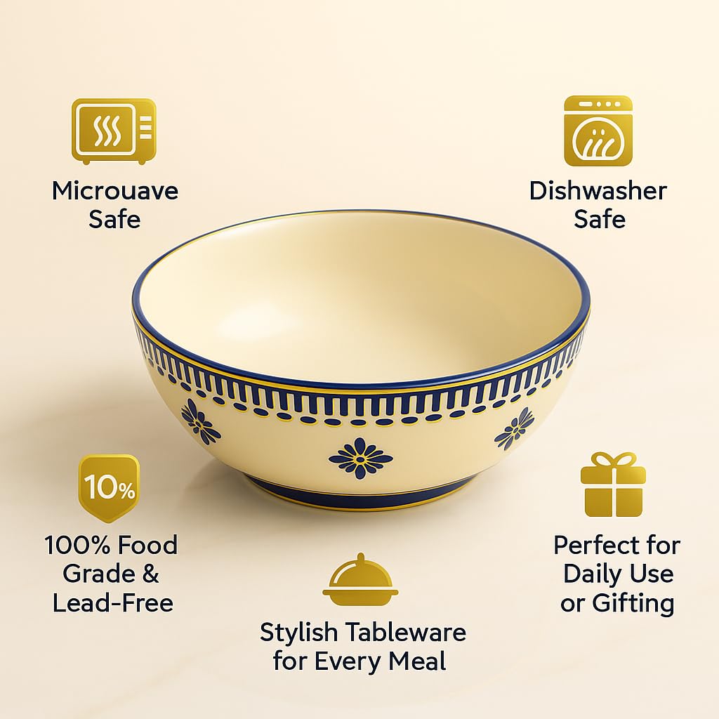 Kunhar Ceramic Serving Bowl, Fruit Bowl for Dinning Table (White Blue Flower, 2 Liter) - 1 Piece - Image 6