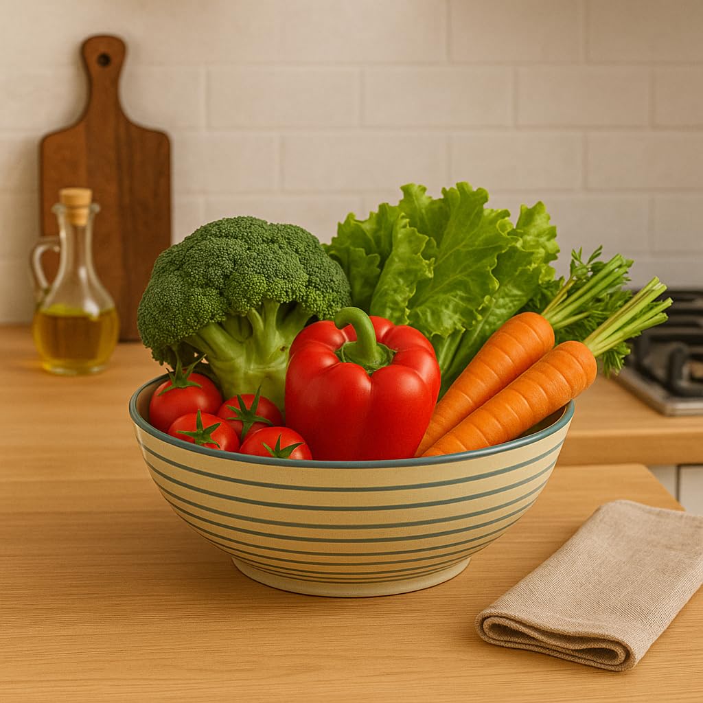 Kunhar Ceramic Serving Bowl, Fruit Bowl for Dinning Table (White Grey Ring, 2 Liter) - 1 Piece