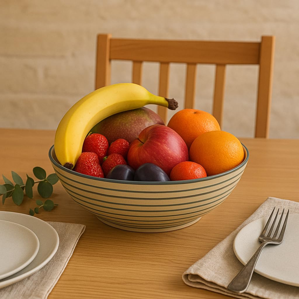 Kunhar Ceramic Serving Bowl, Fruit Bowl for Dinning Table (White Grey Ring, 2 Liter) - 1 Piece - Image 2