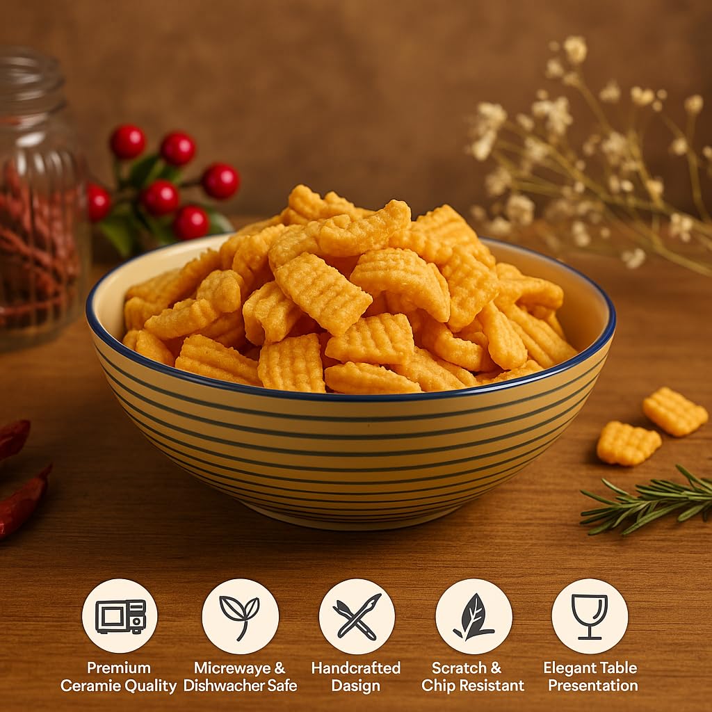 Kunhar Ceramic Serving Bowl, Fruit Bowl for Dinning Table (White Grey Ring, 2 Liter) - 1 Piece - Image 5