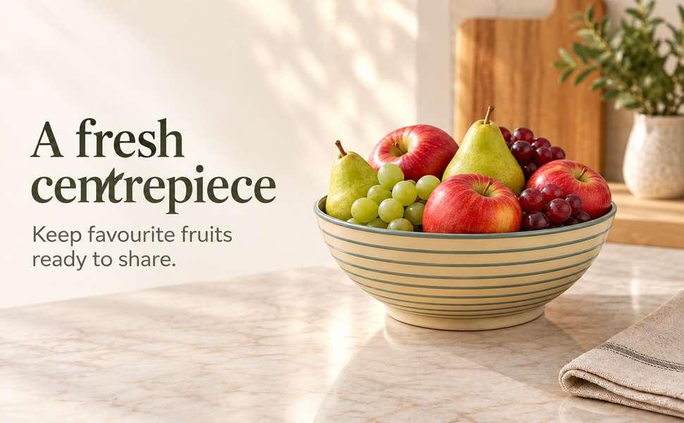 Kunhar Ceramic Serving Bowl, Fruit Bowl for Dinning Table (White Grey Ring, 2 Liter) - 1 Piece – visual story 1