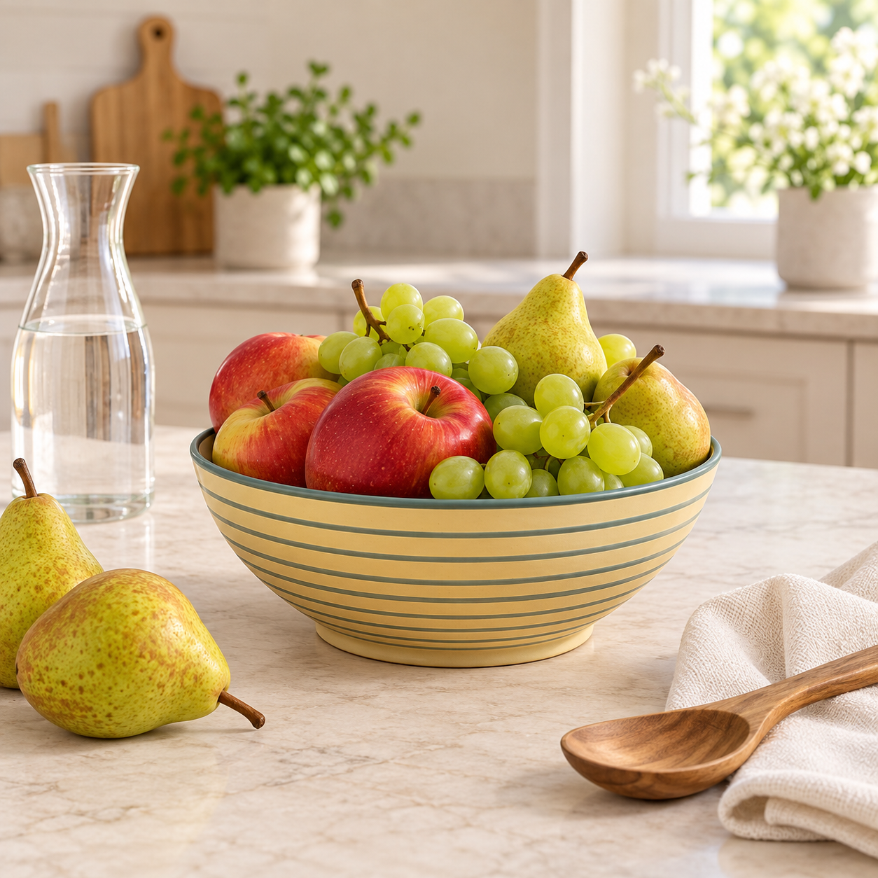 Kunhar Ceramic Serving Bowl, Fruit Bowl for Dinning Table (White Grey Ring, 2 Liter) - 1 Piece