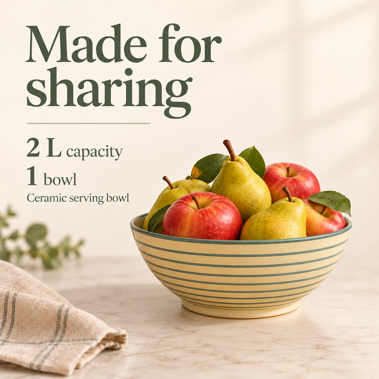 Kunhar Ceramic Serving Bowl, 2 Litre, 1 Piece, Warm Cream with Grey-Green Rings - Image 7