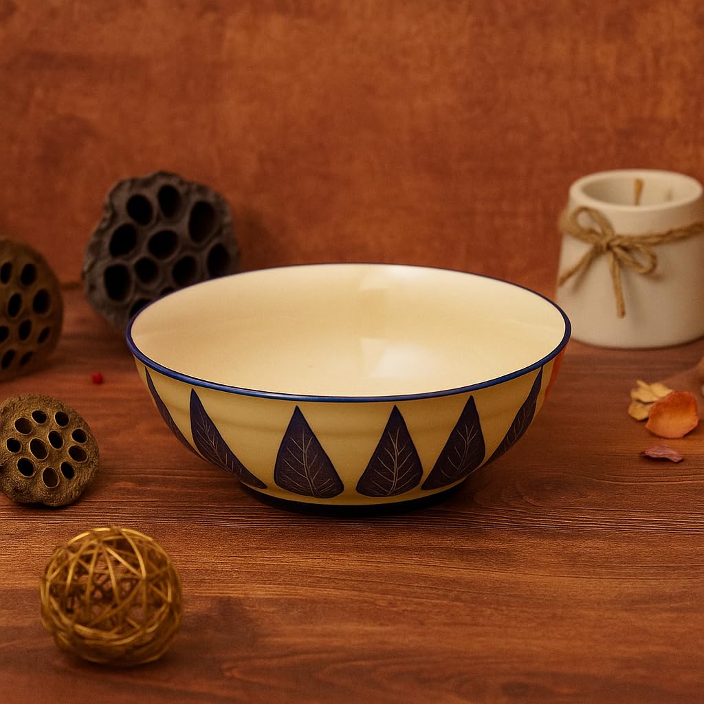 Kunhar Ceramic Serving Bowl, Fruit Bowl for Dinning Table (White Blue Leaf, 2 Liter) - 1 Piece - Image 2