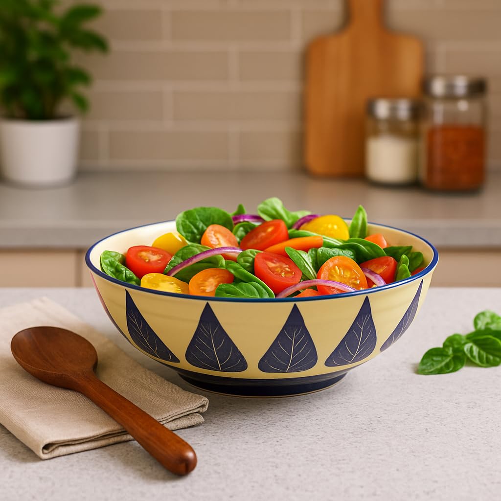 Kunhar Ceramic Serving Bowl, Fruit Bowl for Dinning Table (White Blue Leaf, 2 Liter) - 1 Piece - Image 3