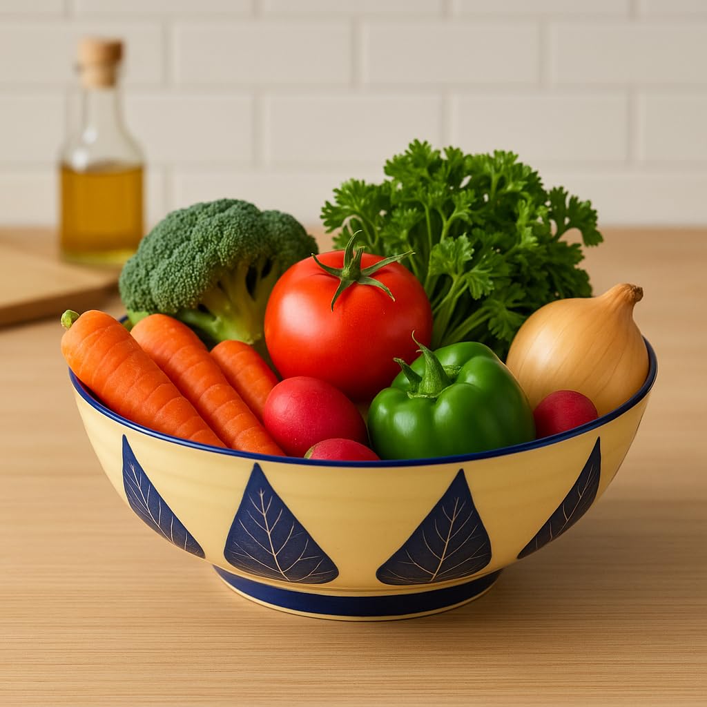 Kunhar Ceramic Serving Bowl, Fruit Bowl for Dinning Table (White Blue Leaf, 2 Liter) - 1 Piece - Image 4