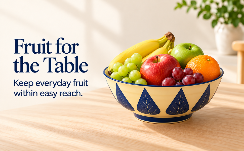 Kunhar Ceramic Serving Bowl, Fruit Bowl for Dinning Table (White Blue Leaf, 2 Liter) - 1 Piece – visual story 1