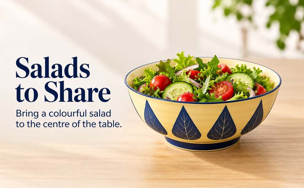 Kunhar Ceramic Serving Bowl, Fruit Bowl for Dinning Table (White Blue Leaf, 2 Liter) - 1 Piece – visual story 2