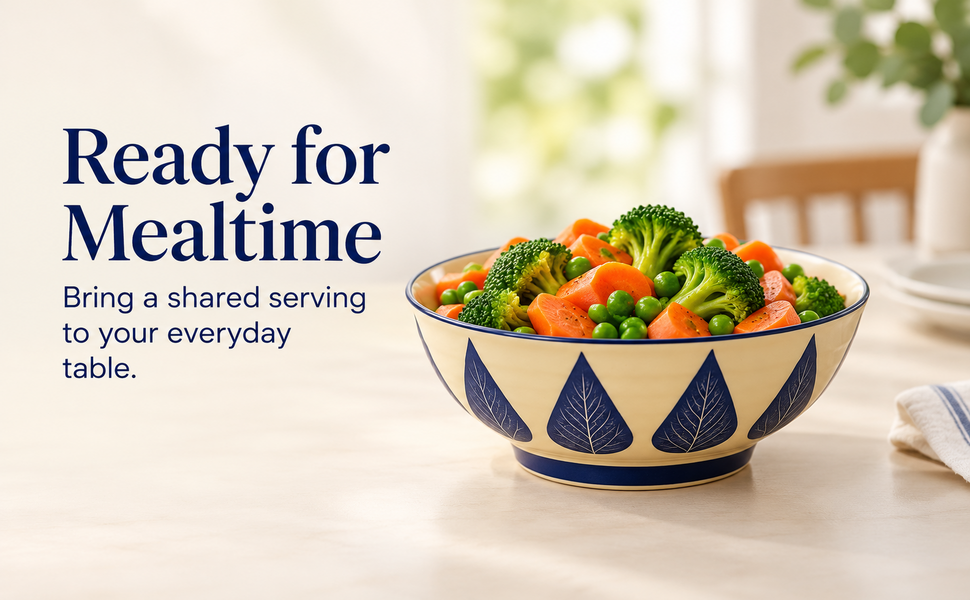 Kunhar Ceramic Serving Bowl, Fruit Bowl for Dinning Table (White Blue Leaf, 2 Liter) - 1 Piece – visual story 4