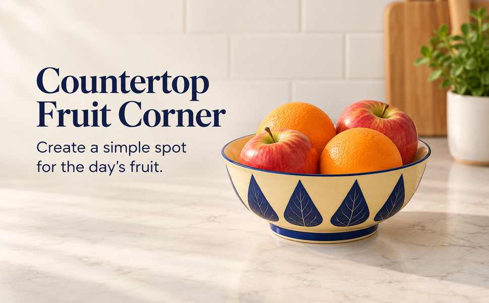 Kunhar Ceramic Serving Bowl, Fruit Bowl for Dinning Table (White Blue Leaf, 2 Liter) - 1 Piece – visual story 5