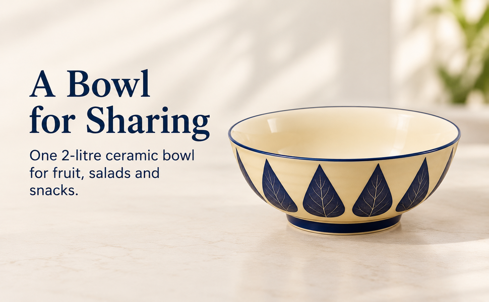 Kunhar Ceramic Serving Bowl, Fruit Bowl for Dinning Table (White Blue Leaf, 2 Liter) - 1 Piece – visual story 6