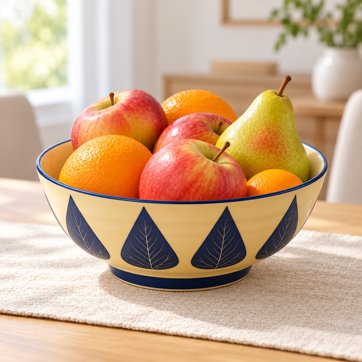 Kunhar Ceramic Serving Bowl, Fruit Bowl for Dinning Table (White Blue Leaf, 2 Liter) - 1 Piece