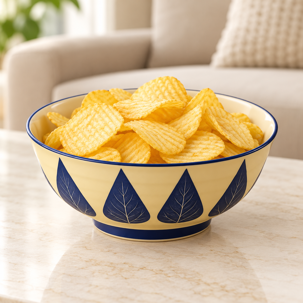 Kunhar Ceramic Serving Bowl, Fruit Bowl for Dinning Table (White Blue Leaf, 2 Liter) - 1 Piece - Image 3