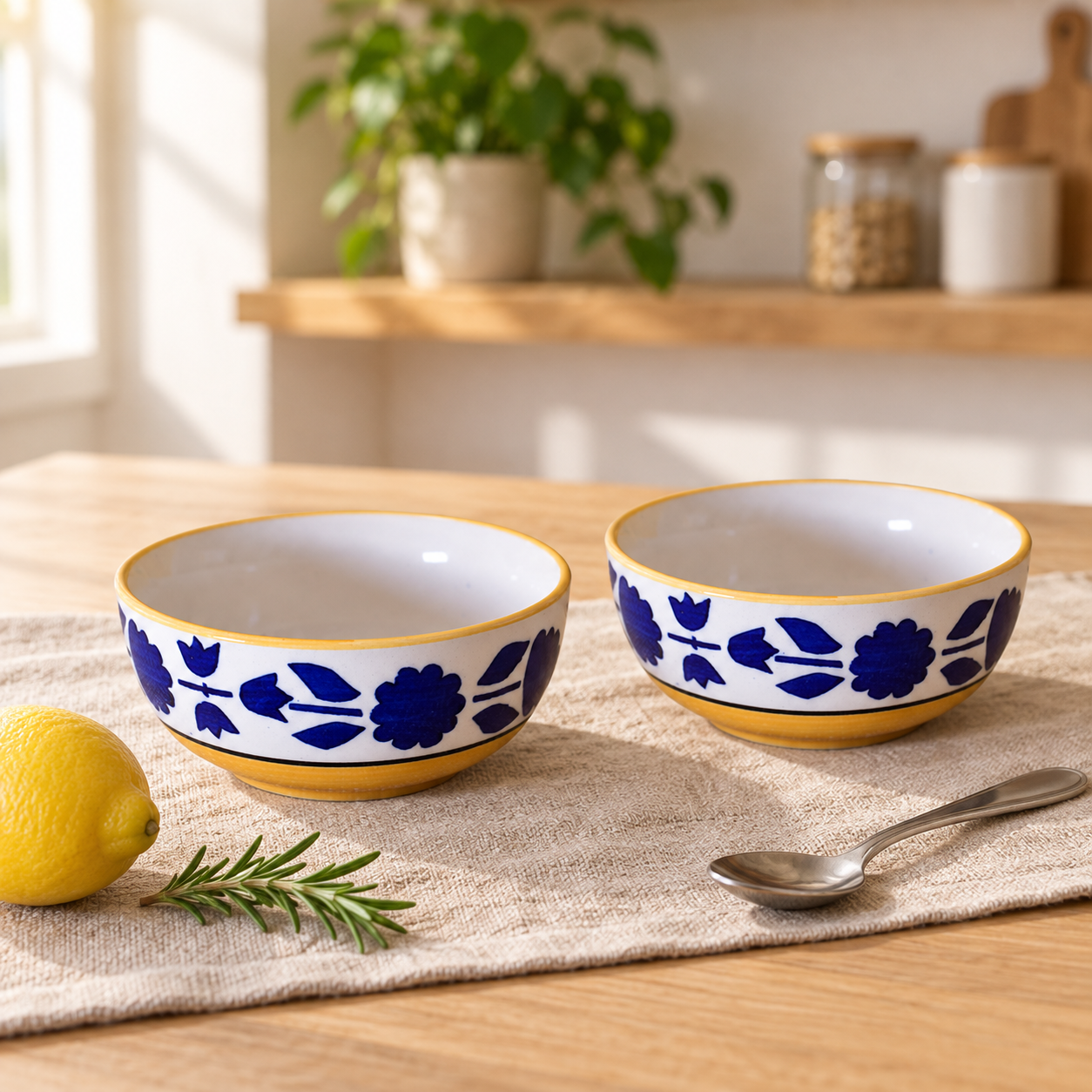 KunhaR Ceramic Serving Bowls, 400 ml Each, Set of 2, Yellow, Small Bowls for Soup, Rice, Curry, Snacks and Desserts