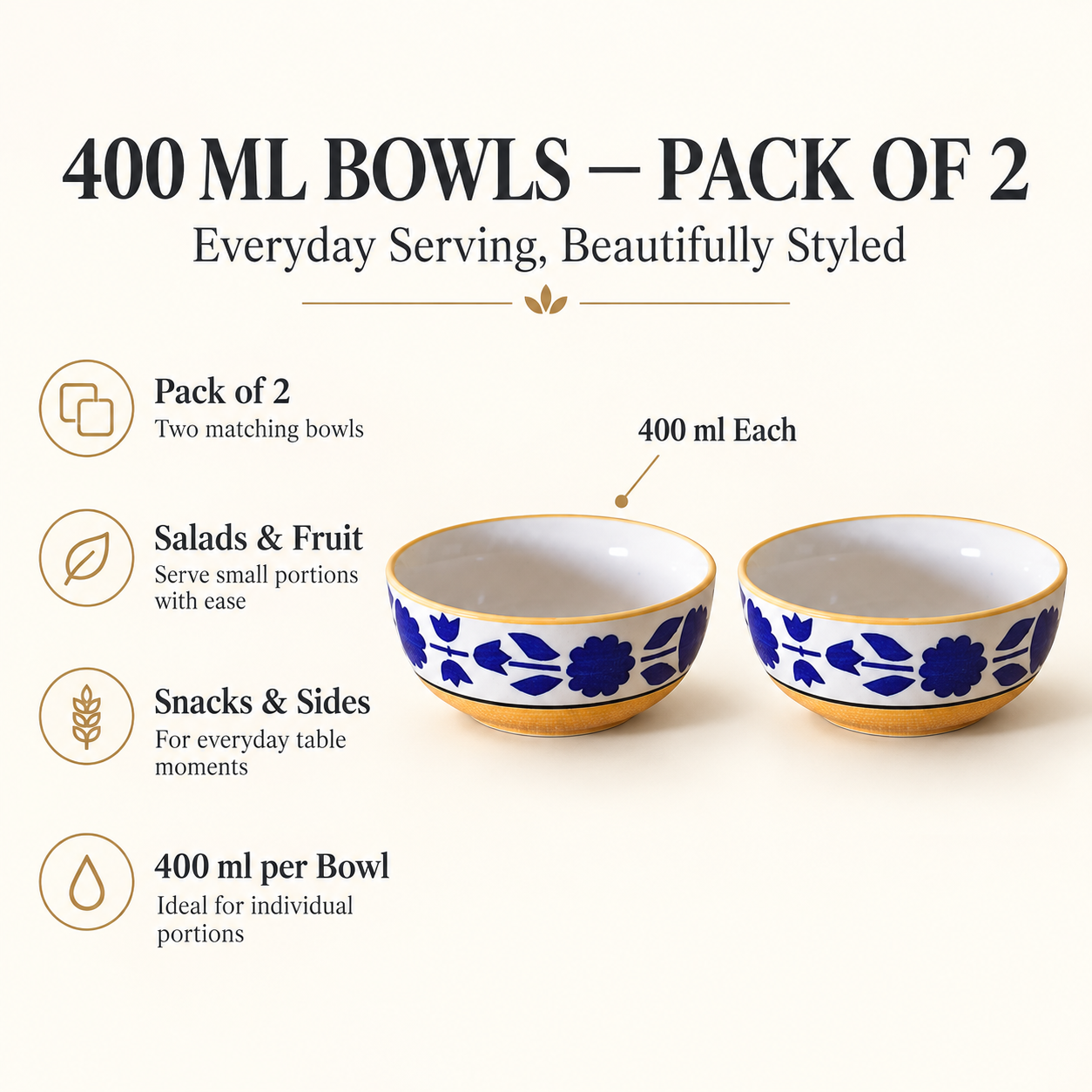 KunhaR Ceramic Serving Bowls, 400 ml Each, Set of 2, Yellow, Small Bowls for Soup, Rice, Curry, Snacks and Desserts - Image 7