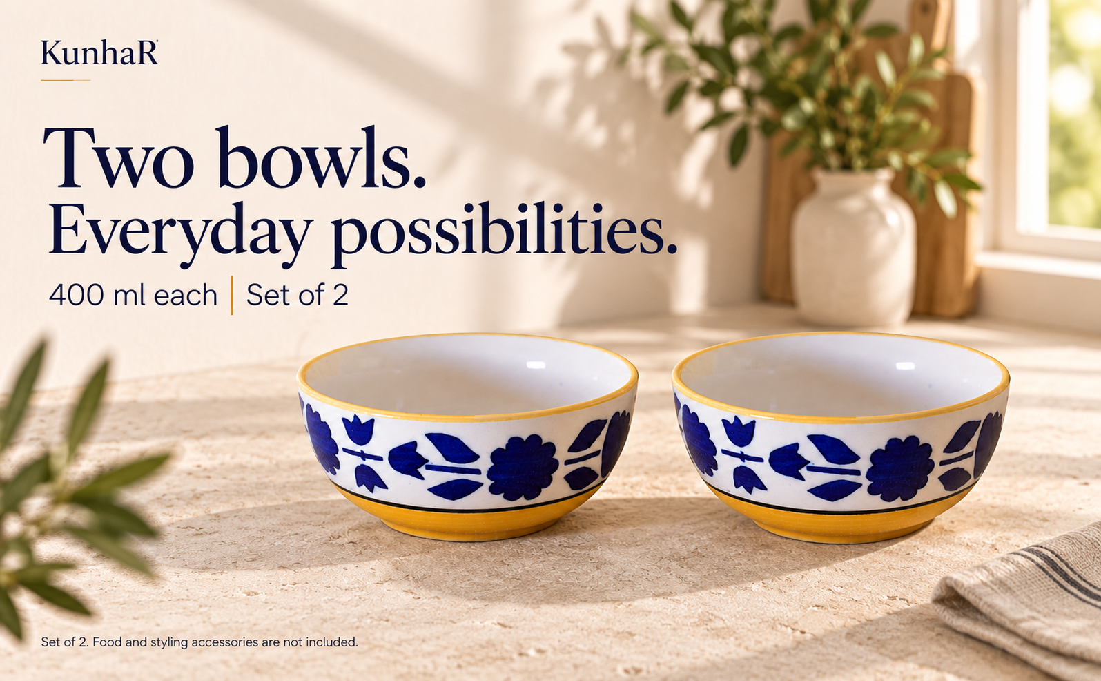 KunhaR Ceramic Serving Bowls, 400 ml Each, Set of 2, Yellow, Small Bowls for Soup, Rice, Curry, Snacks and Desserts — hero