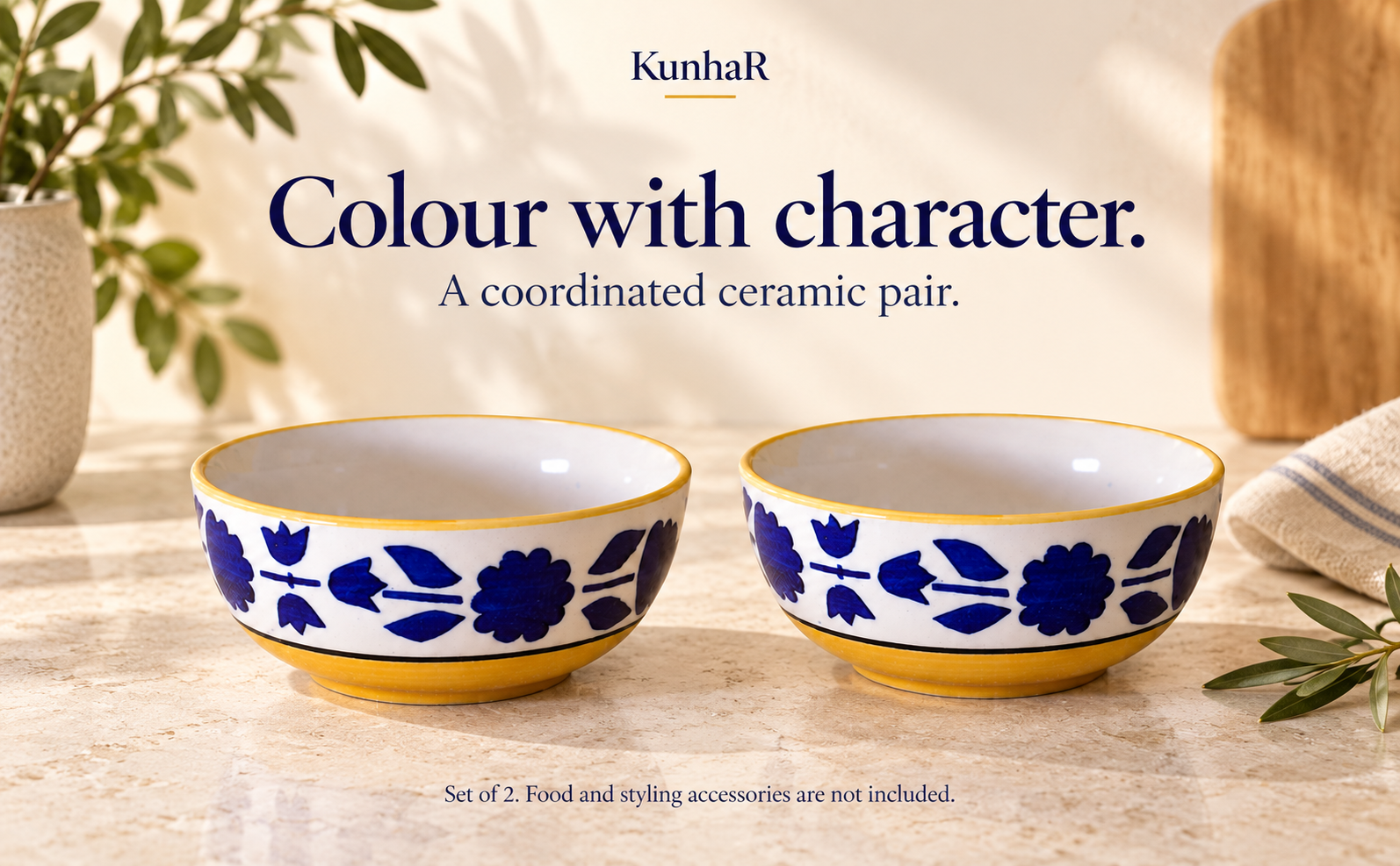 KunhaR Ceramic Serving Bowls, 400 ml Each, Set of 2, Yellow, Small Bowls for Soup, Rice, Curry, Snacks and Desserts — finish