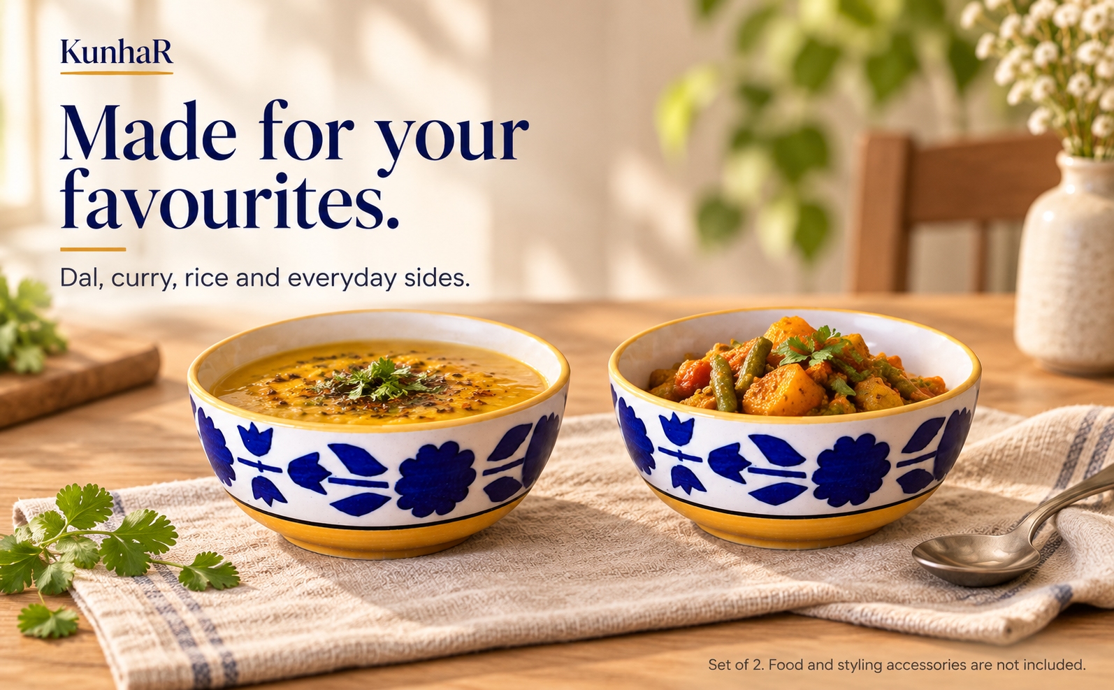 KunhaR Ceramic Serving Bowls, 400 ml Each, Set of 2, Yellow, Small Bowls for Soup, Rice, Curry, Snacks and Desserts — serve