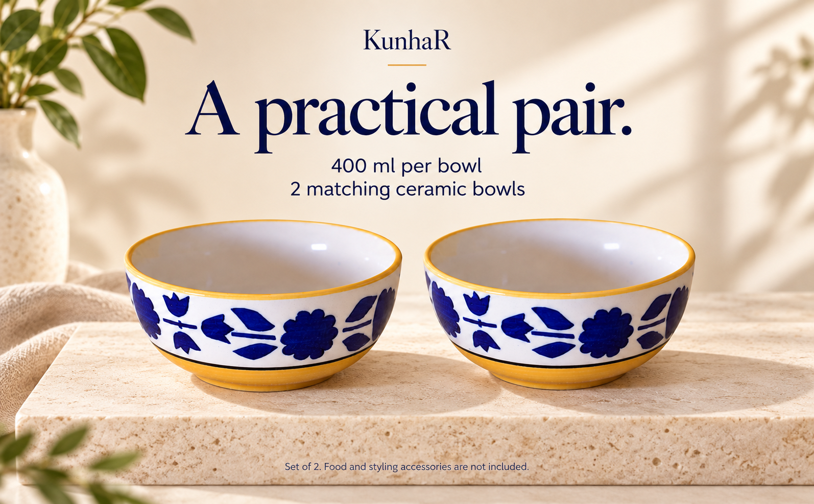 KunhaR Ceramic Serving Bowls, 400 ml Each, Set of 2, Yellow, Small Bowls for Soup, Rice, Curry, Snacks and Desserts — capacity