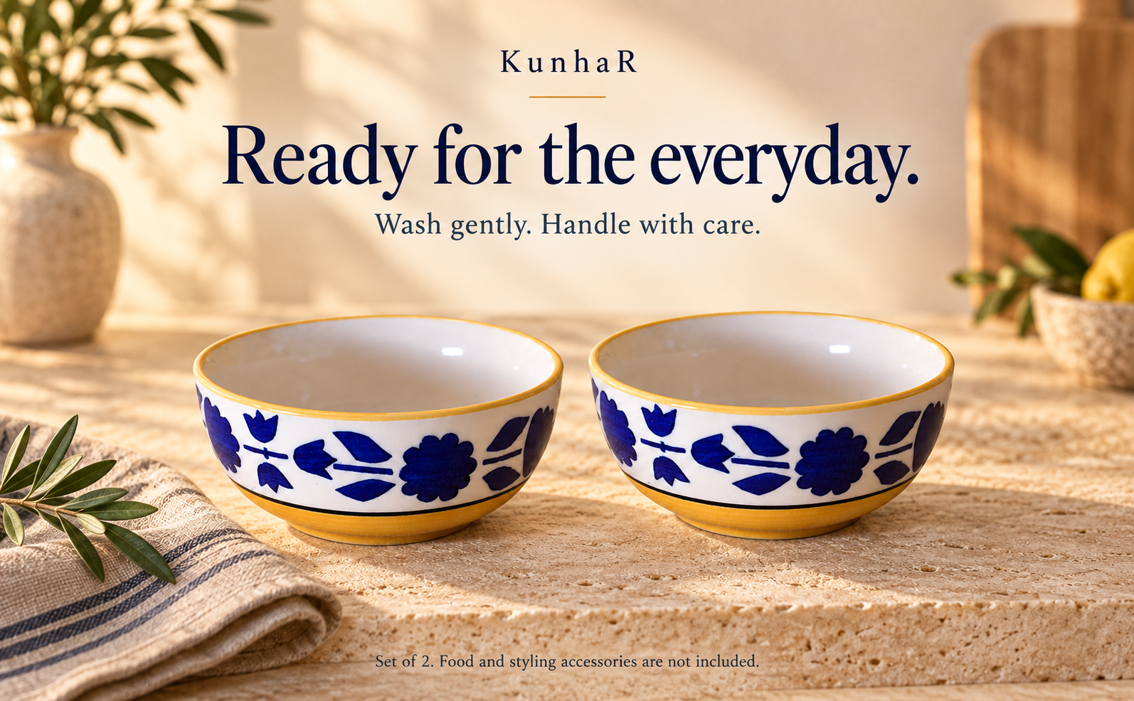 KunhaR Ceramic Serving Bowls, 400 ml Each, Set of 2, Yellow, Small Bowls for Soup, Rice, Curry, Snacks and Desserts — care