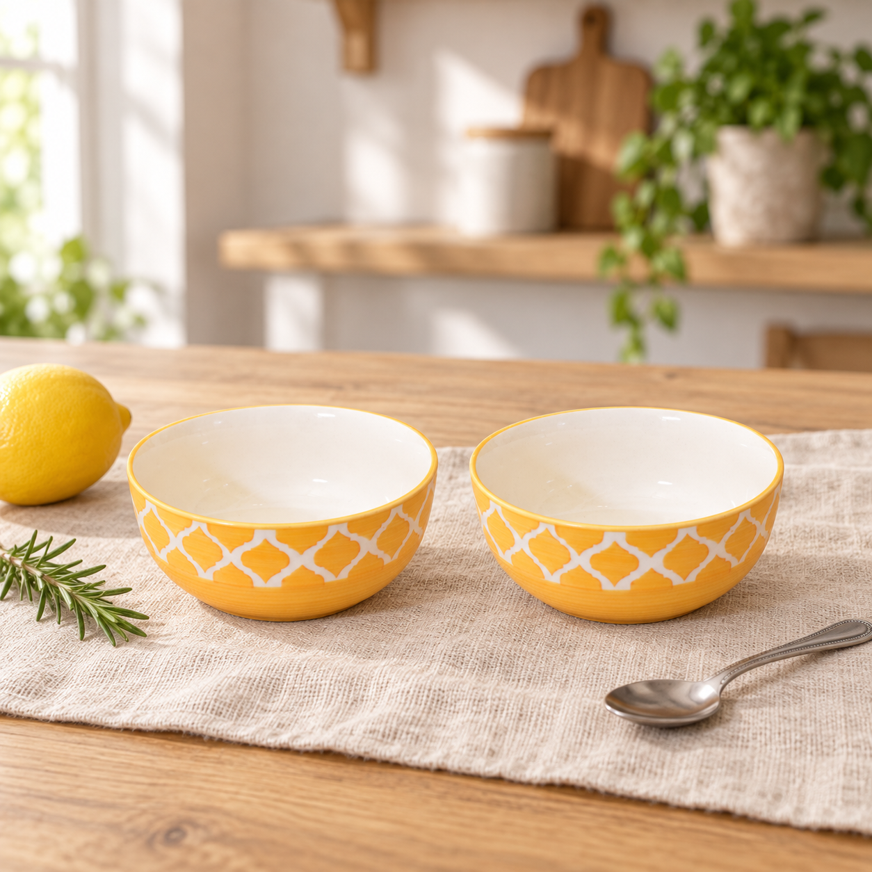 KunhaR Ceramic Serving Bowls, 400 ml Each, Set of 2, Yellow Chidi, Small Bowls for Soup, Rice, Curry, Snacks and Desserts
