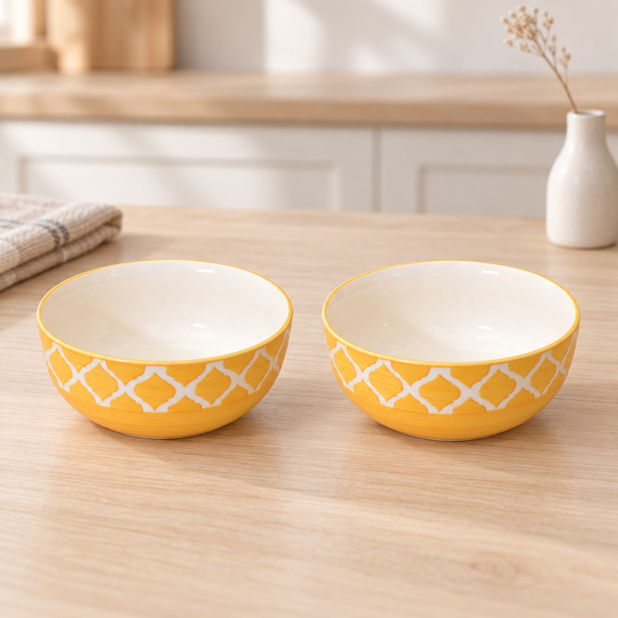 KunhaR Ceramic Serving Bowls, 400 ml Each, Set of 2, Yellow Chidi, Small Bowls for Soup, Rice, Curry, Snacks and Desserts