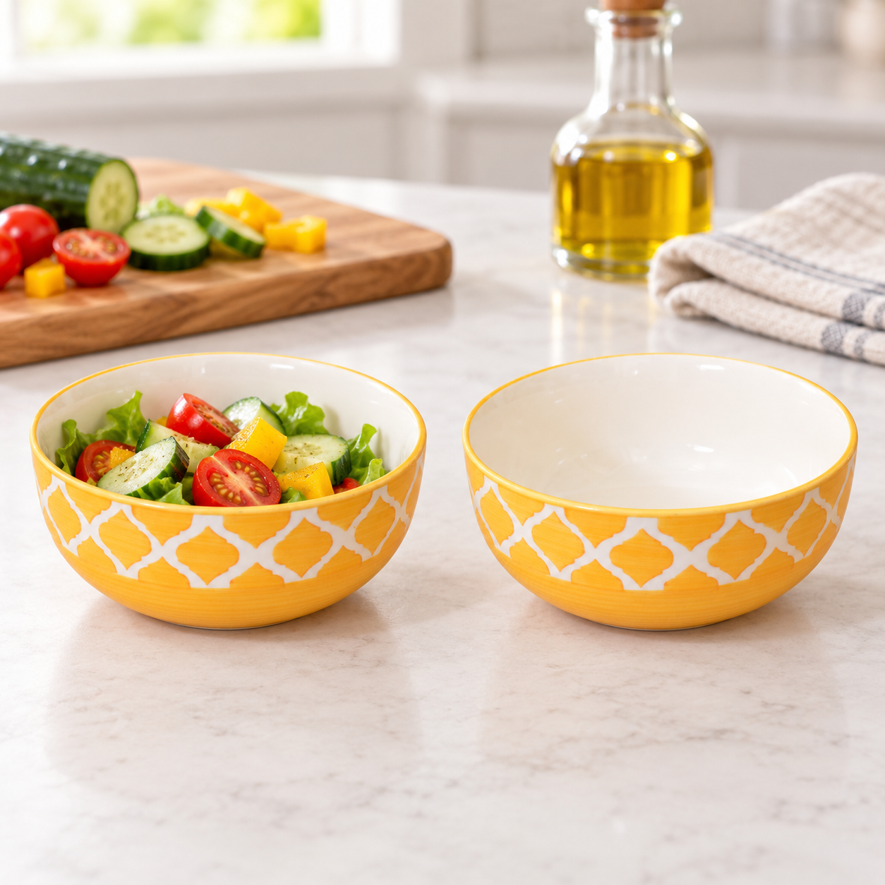 KunhaR Ceramic Serving Bowls, 400 ml Each, Set of 2, Yellow Chidi, Small Bowls for Soup, Rice, Curry, Snacks and Desserts