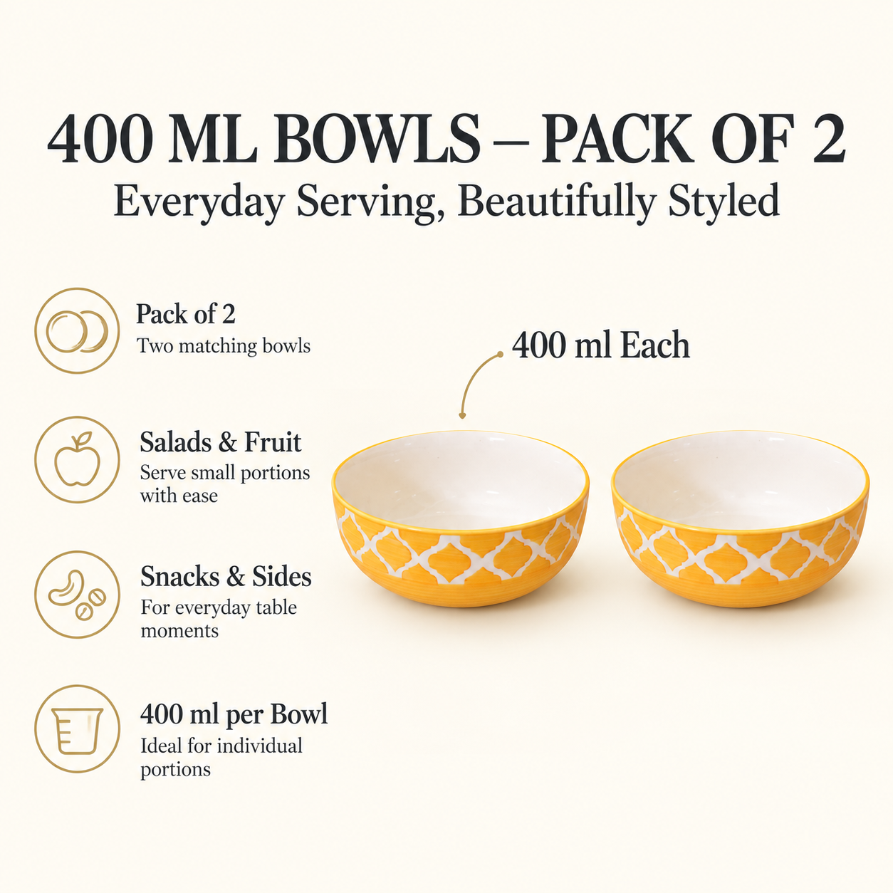KunhaR Ceramic Serving Bowls, 400 ml Each, Set of 2, Yellow Chidi, Small Bowls for Soup, Rice, Curry, Snacks and Desserts