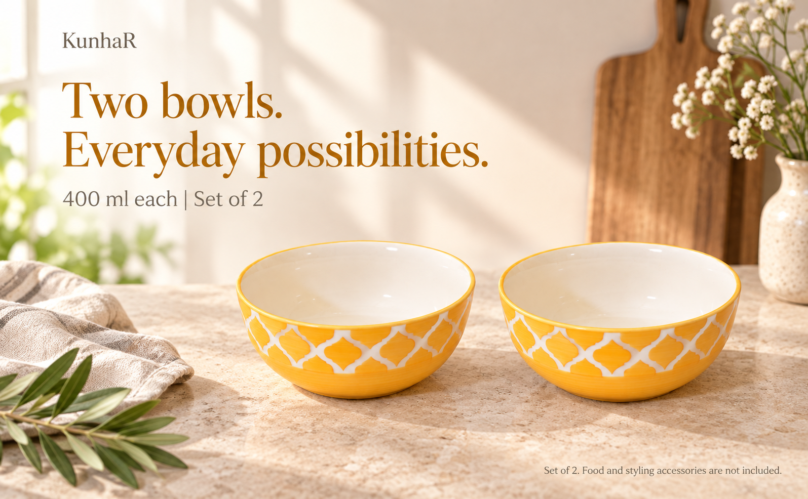 KunhaR Ceramic Serving Bowls, 400 ml Each, Set of 2, Yellow Chidi, Small Bowls for Soup, Rice, Curry, Snacks and Desserts — hero