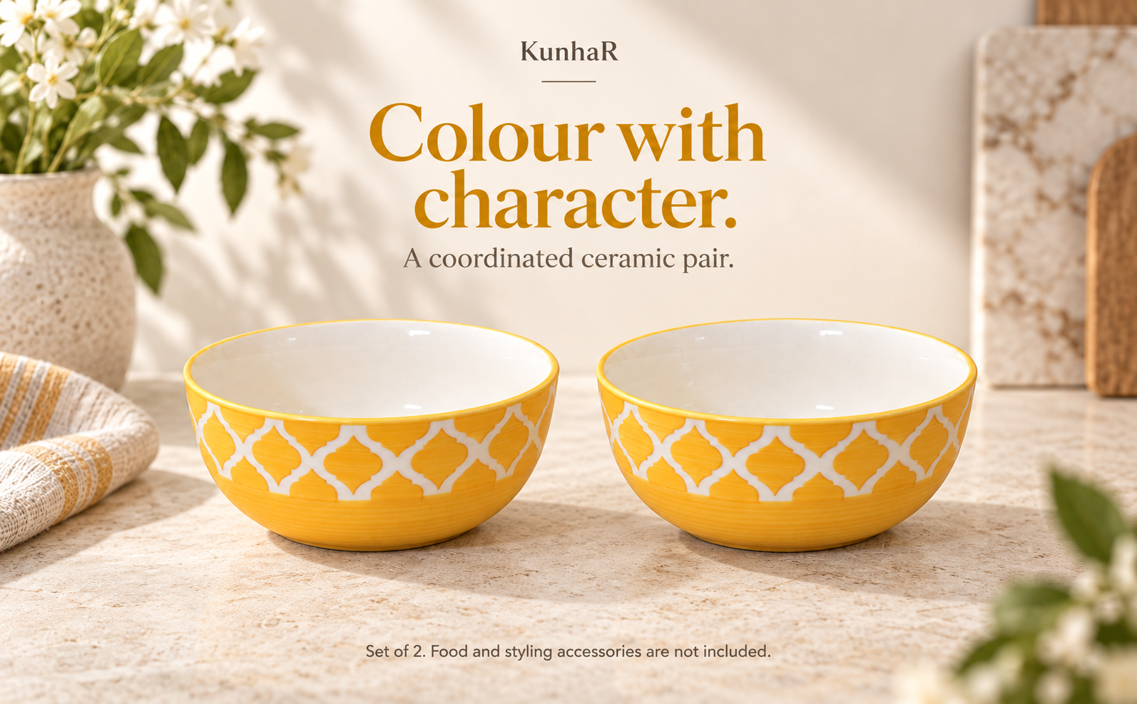 KunhaR Ceramic Serving Bowls, 400 ml Each, Set of 2, Yellow Chidi, Small Bowls for Soup, Rice, Curry, Snacks and Desserts — finish