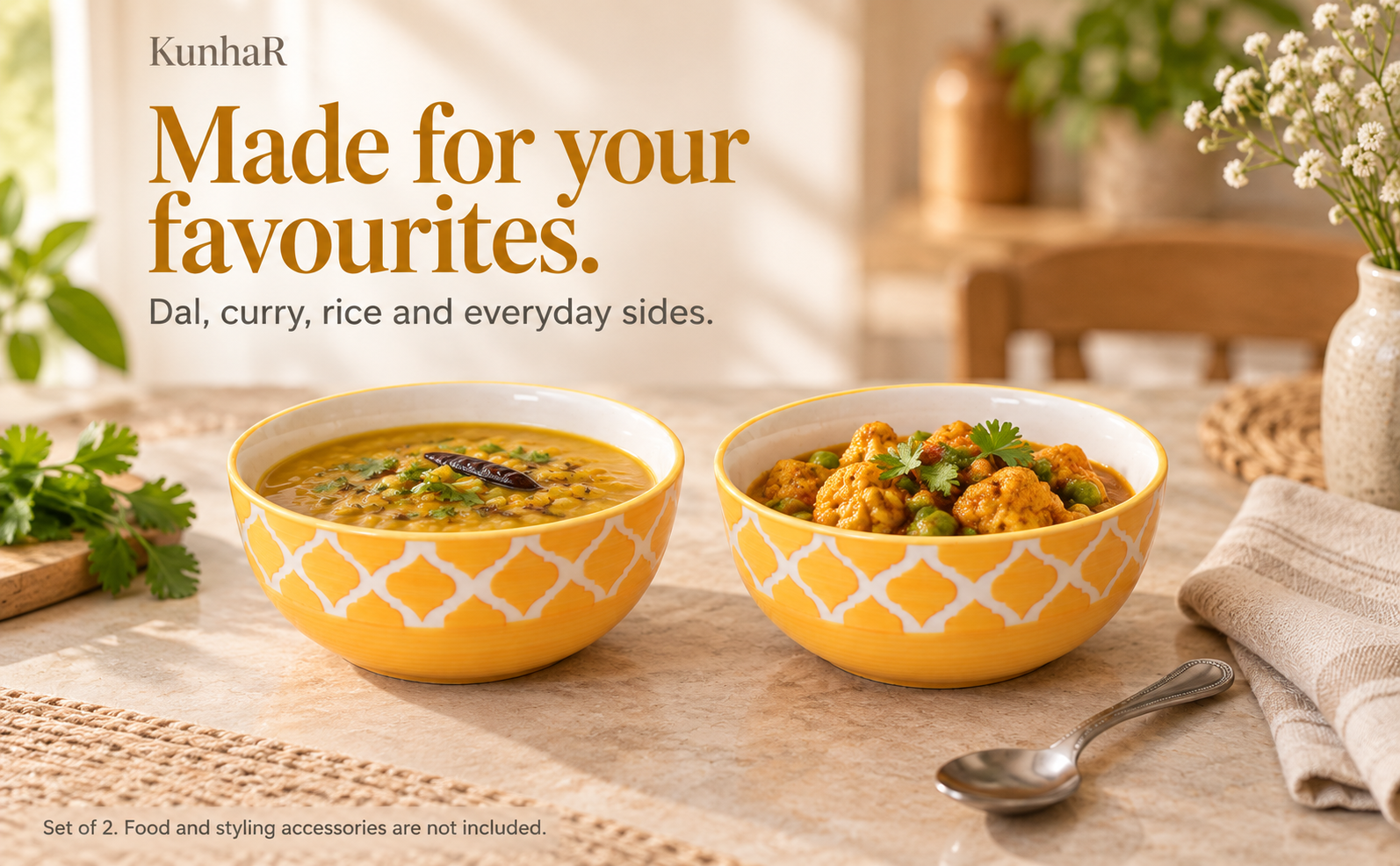 KunhaR Ceramic Serving Bowls, 400 ml Each, Set of 2, Yellow Chidi, Small Bowls for Soup, Rice, Curry, Snacks and Desserts — serve