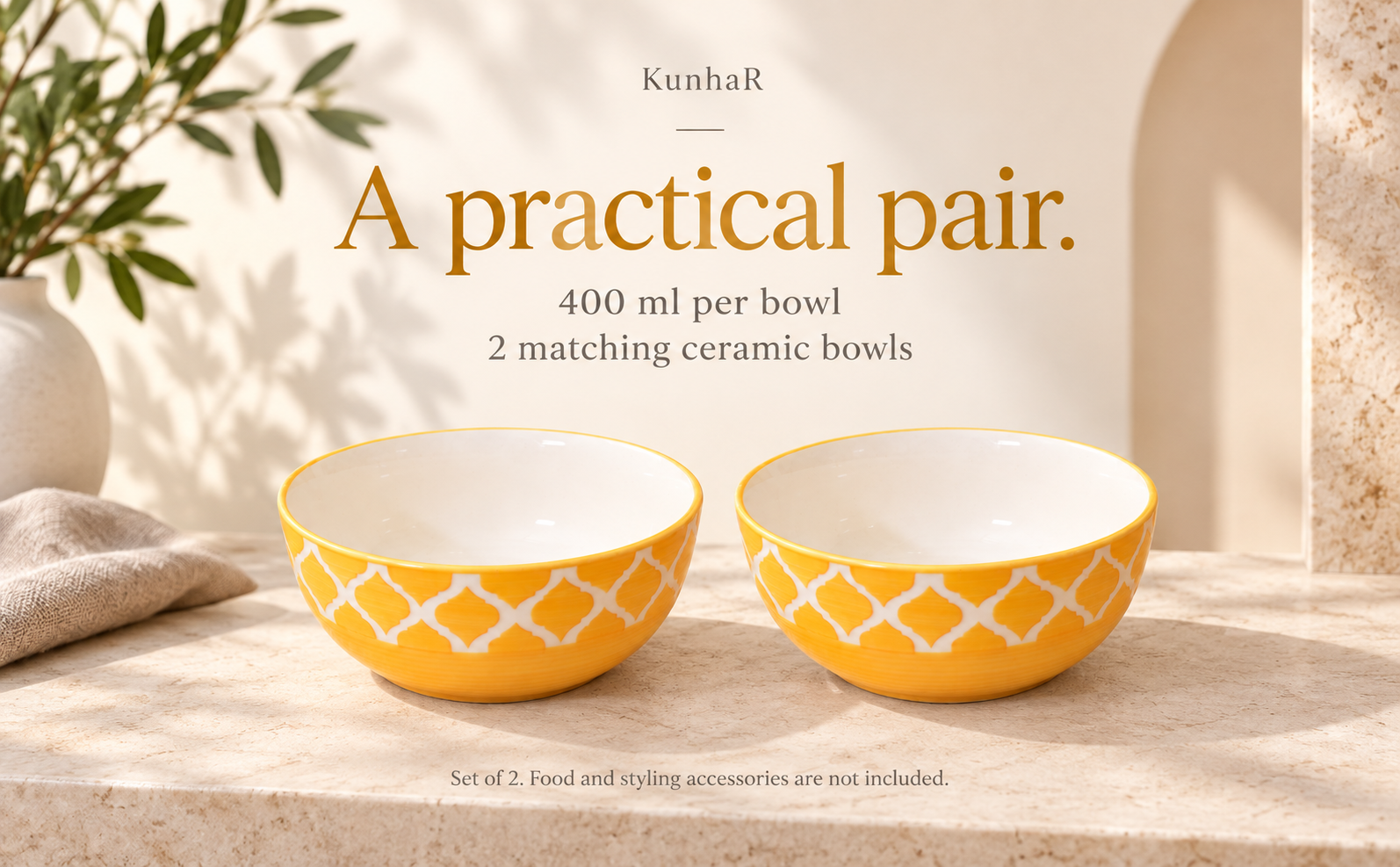 KunhaR Ceramic Serving Bowls, 400 ml Each, Set of 2, Yellow Chidi, Small Bowls for Soup, Rice, Curry, Snacks and Desserts — capacity