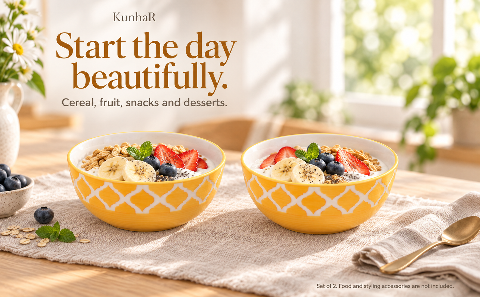 KunhaR Ceramic Serving Bowls, 400 ml Each, Set of 2, Yellow Chidi, Small Bowls for Soup, Rice, Curry, Snacks and Desserts — breakfast