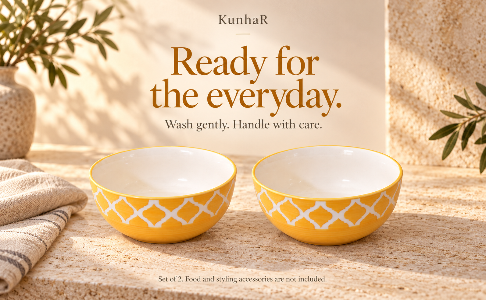 KunhaR Ceramic Serving Bowls, 400 ml Each, Set of 2, Yellow Chidi, Small Bowls for Soup, Rice, Curry, Snacks and Desserts — care