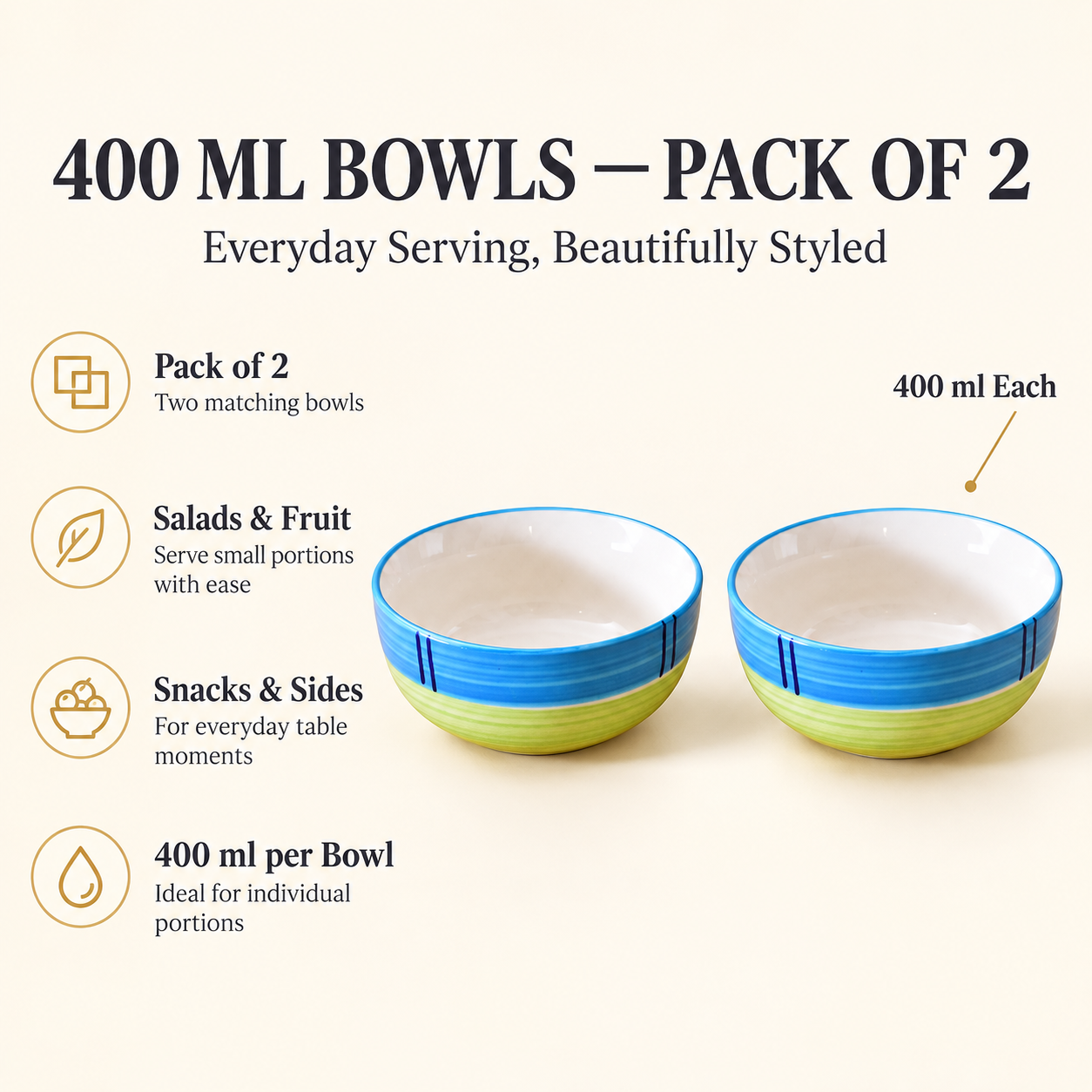 KunhaR Ceramic Serving Bowls, 400 ml Each, Set of 2, Green, Small Bowls for Soup, Rice, Curry, Snacks and Desserts - Image 7