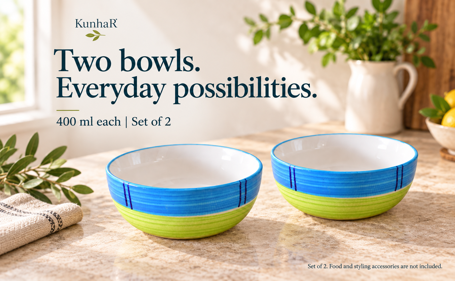 KunhaR Ceramic Serving Bowls, 400 ml Each, Set of 2, Green, Small Bowls for Soup, Rice, Curry, Snacks and Desserts — hero