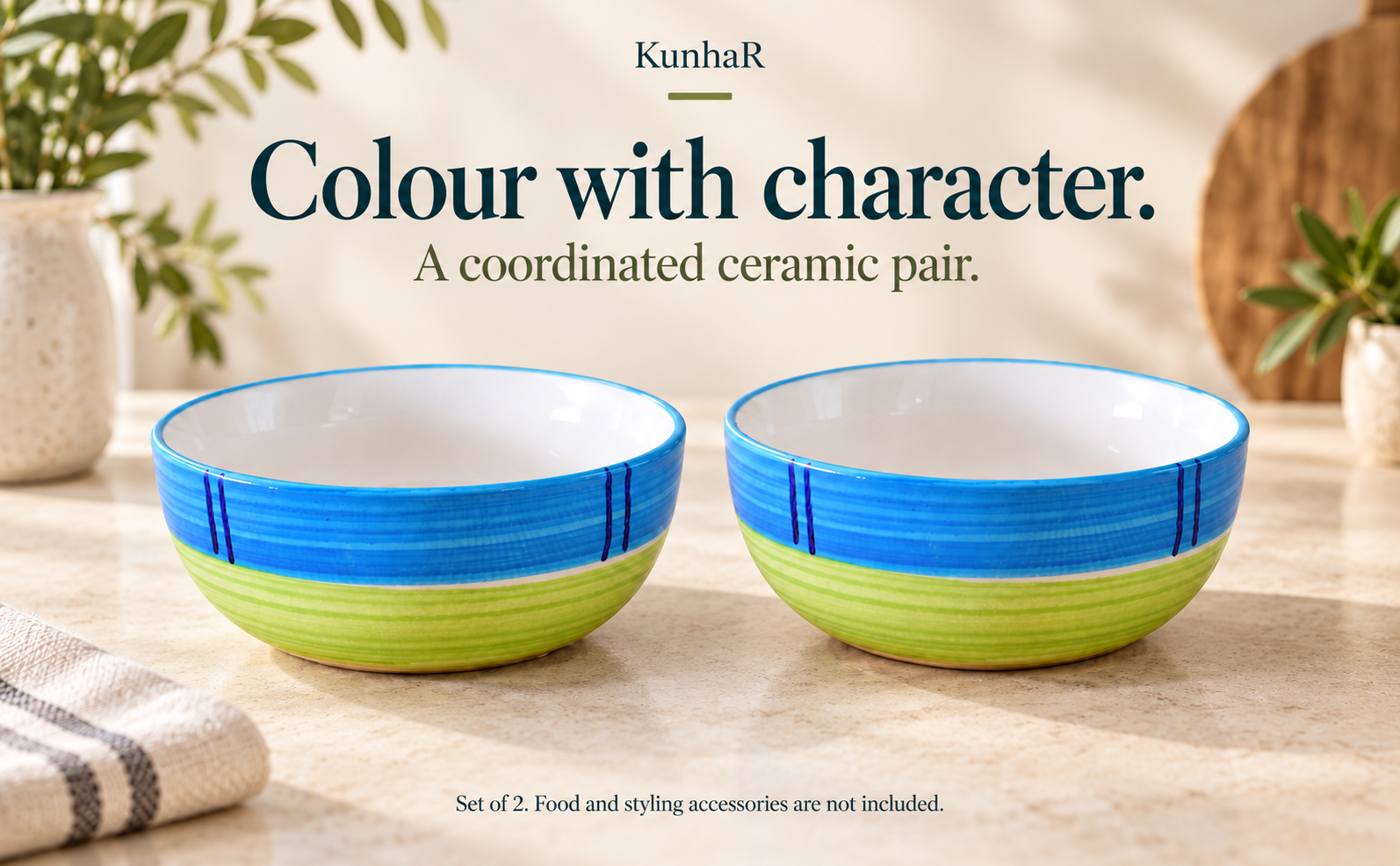KunhaR Ceramic Serving Bowls, 400 ml Each, Set of 2, Green, Small Bowls for Soup, Rice, Curry, Snacks and Desserts — finish