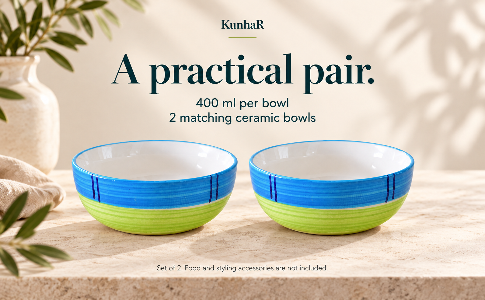 KunhaR Ceramic Serving Bowls, 400 ml Each, Set of 2, Green, Small Bowls for Soup, Rice, Curry, Snacks and Desserts — capacity