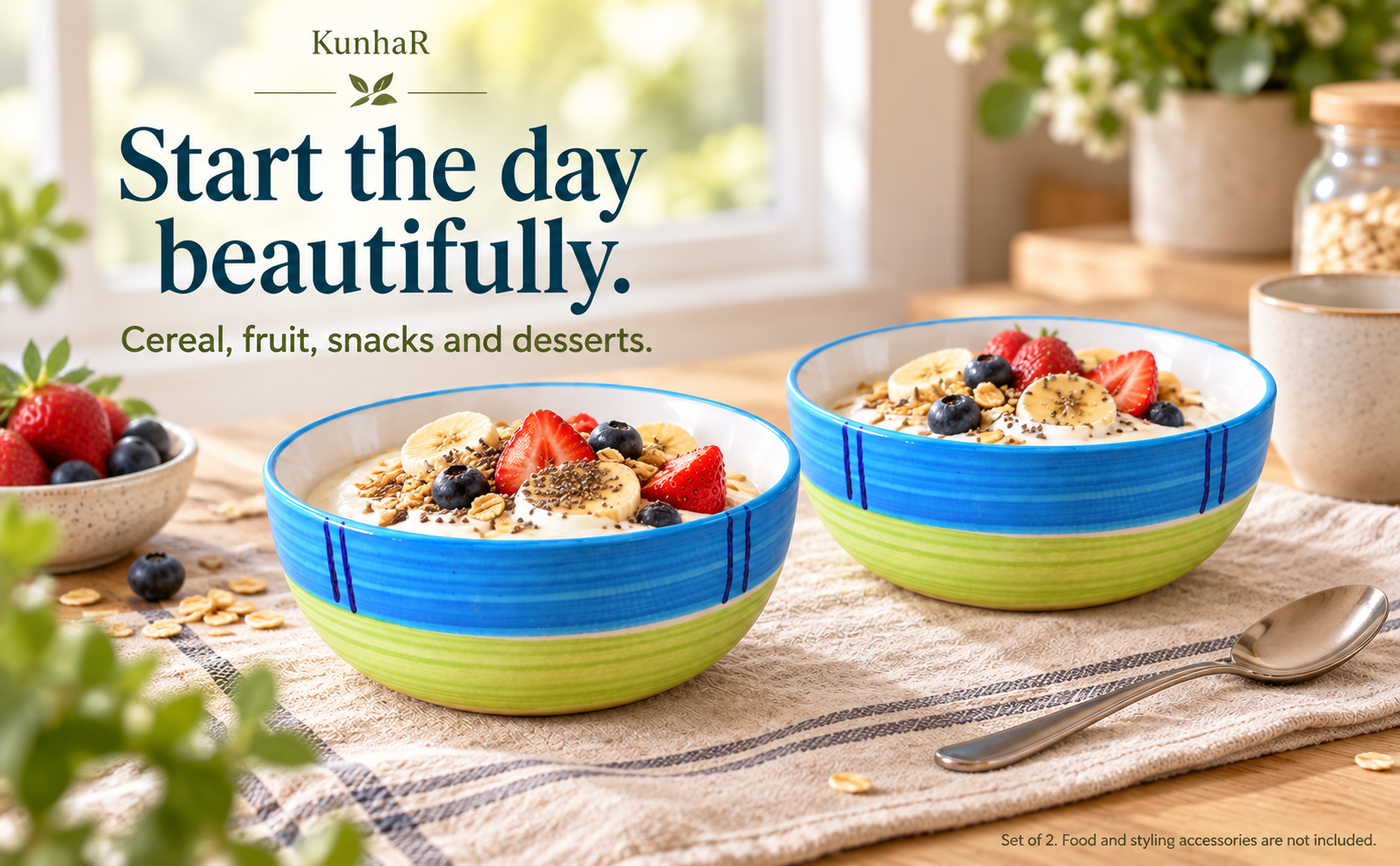 KunhaR Ceramic Serving Bowls, 400 ml Each, Set of 2, Green, Small Bowls for Soup, Rice, Curry, Snacks and Desserts — breakfast