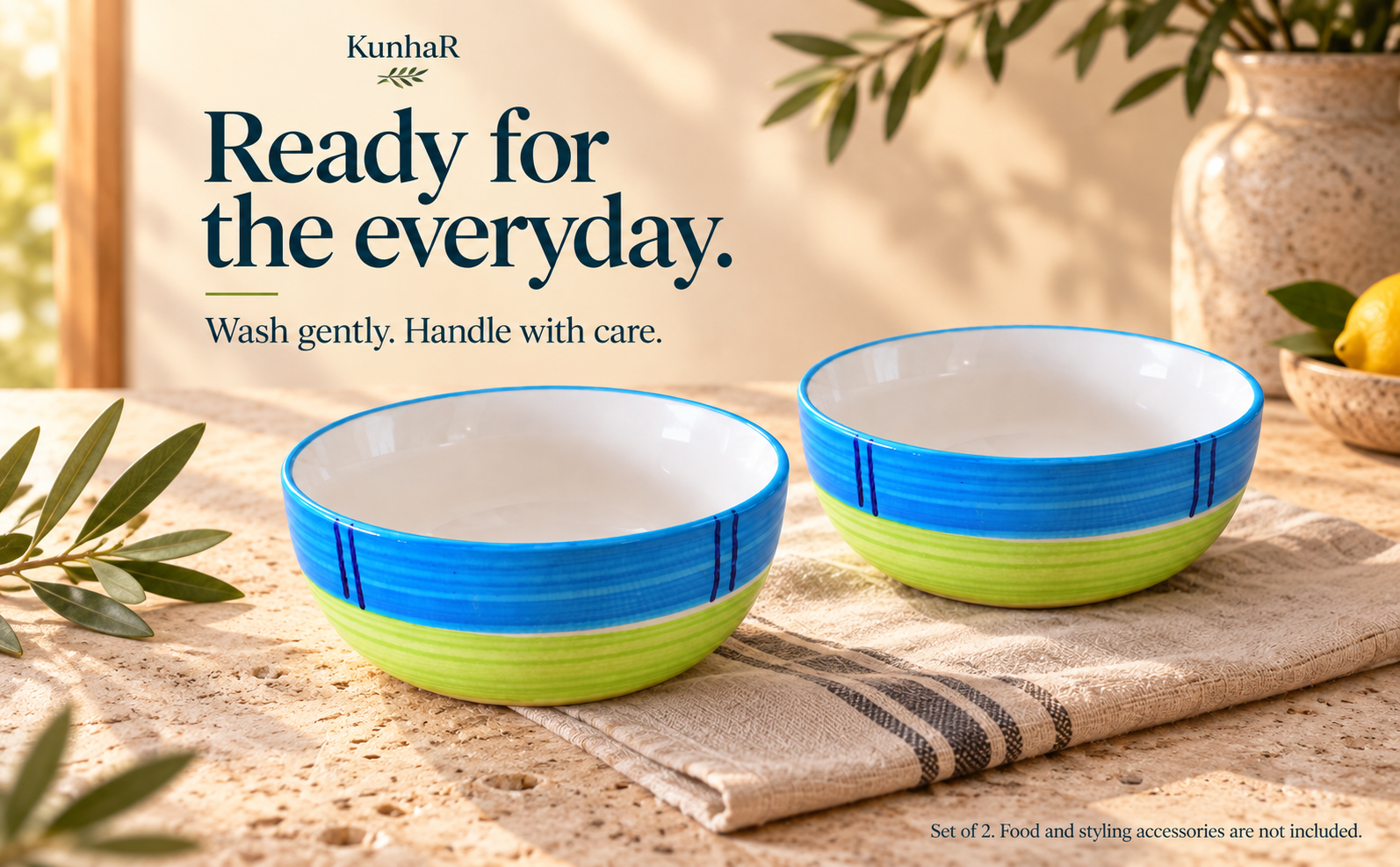 KunhaR Ceramic Serving Bowls, 400 ml Each, Set of 2, Green, Small Bowls for Soup, Rice, Curry, Snacks and Desserts — care